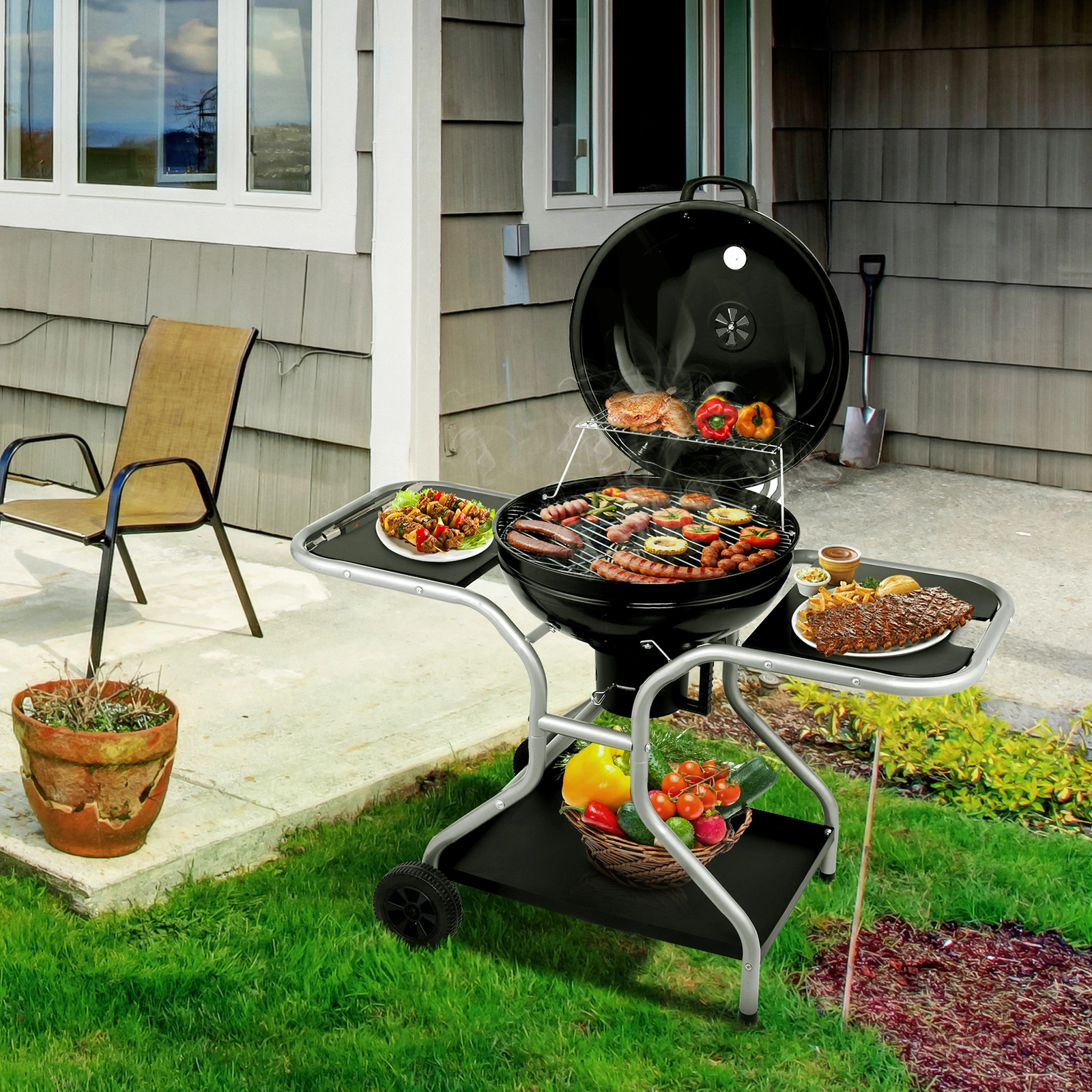 Kettle Charcoal Grill with 2 Side Tables, Storage Shelf, Upgraded Ash Catcher, Thermometer, Air Vents, Outdoor Cooking Barbecue Grill with Wheels view 4