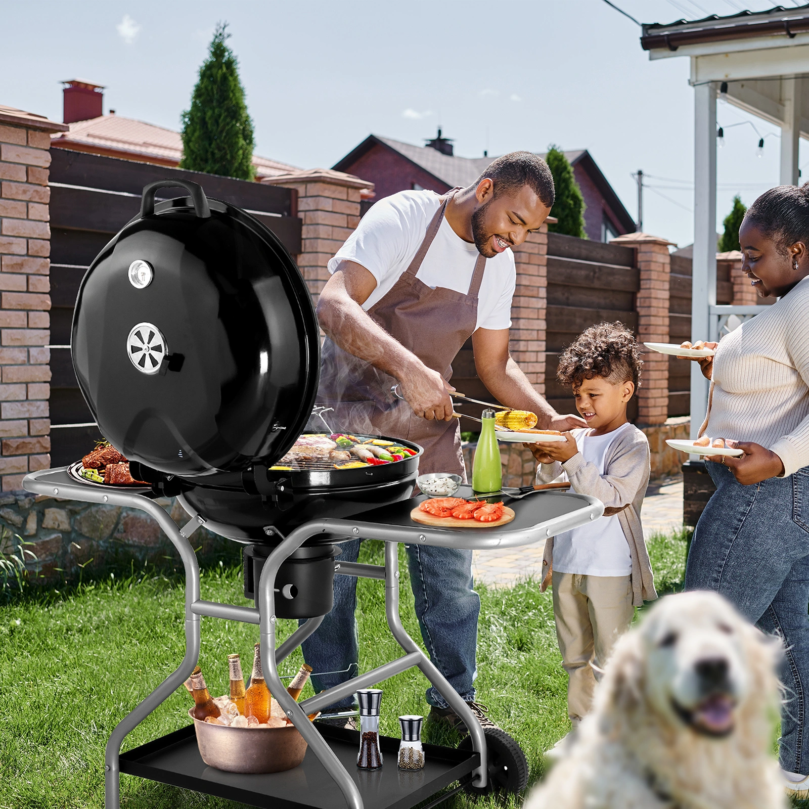 Kettle Charcoal Grill with 2 Side Tables, Storage Shelf, Upgraded Ash Catcher, Thermometer, Air Vents, Outdoor Cooking Barbecue Grill with Wheels view 5