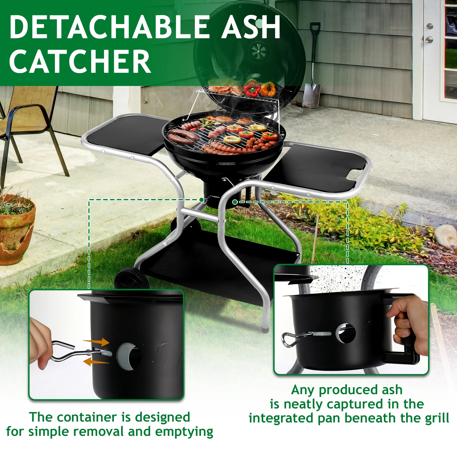 Kettle Charcoal Grill with 2 Side Tables, Storage Shelf, Upgraded Ash Catcher, Thermometer, Air Vents, Outdoor Cooking Barbecue Grill with Wheels view 7