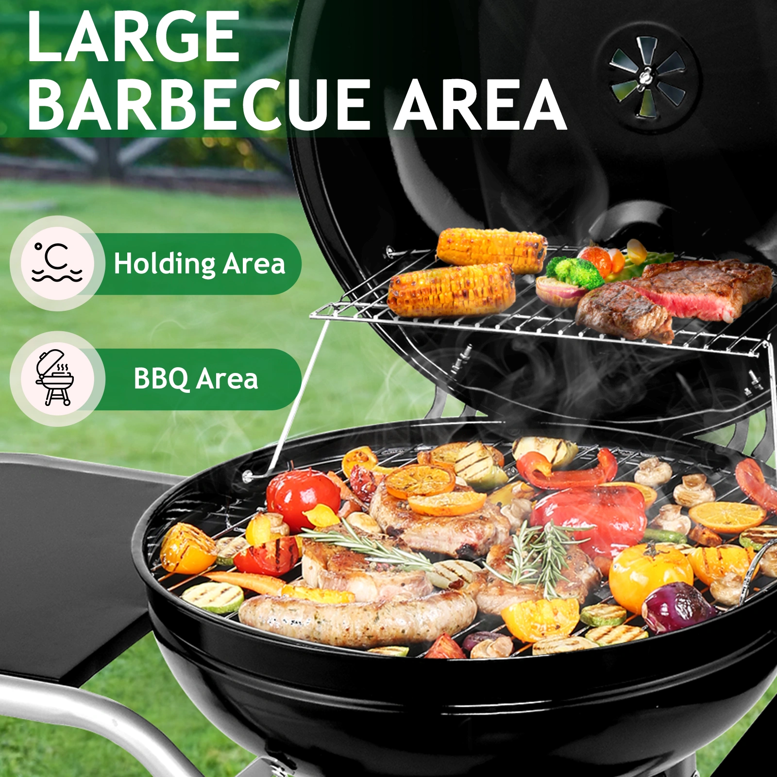 Kettle Charcoal Grill with 2 Side Tables, Storage Shelf, Upgraded Ash Catcher, Thermometer, Air Vents, Outdoor Cooking Barbecue Grill with Wheels view 8
