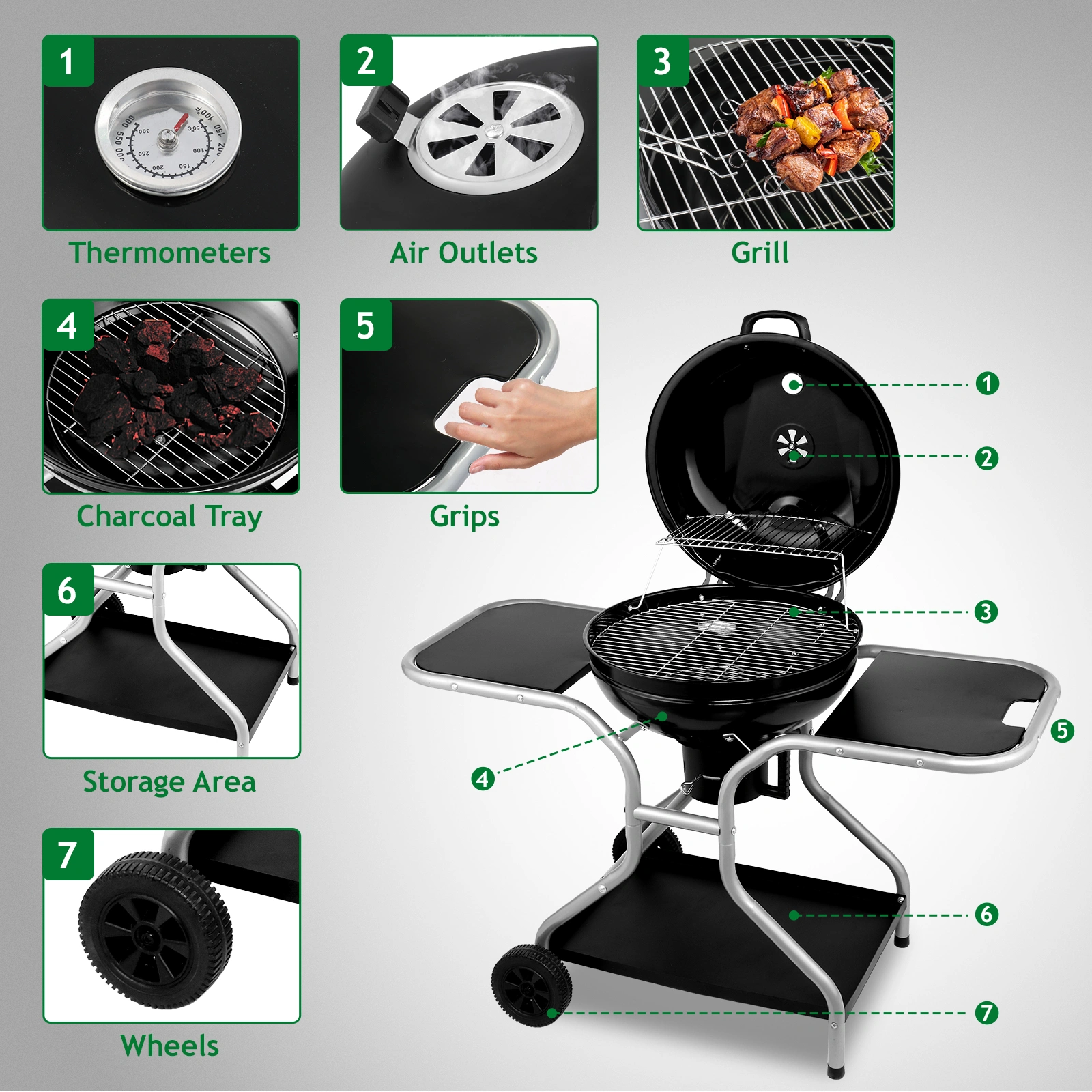 Kettle Charcoal Grill with 2 Side Tables, Storage Shelf, Upgraded Ash Catcher, Thermometer, Air Vents, Outdoor Cooking Barbecue Grill with Wheels view 9