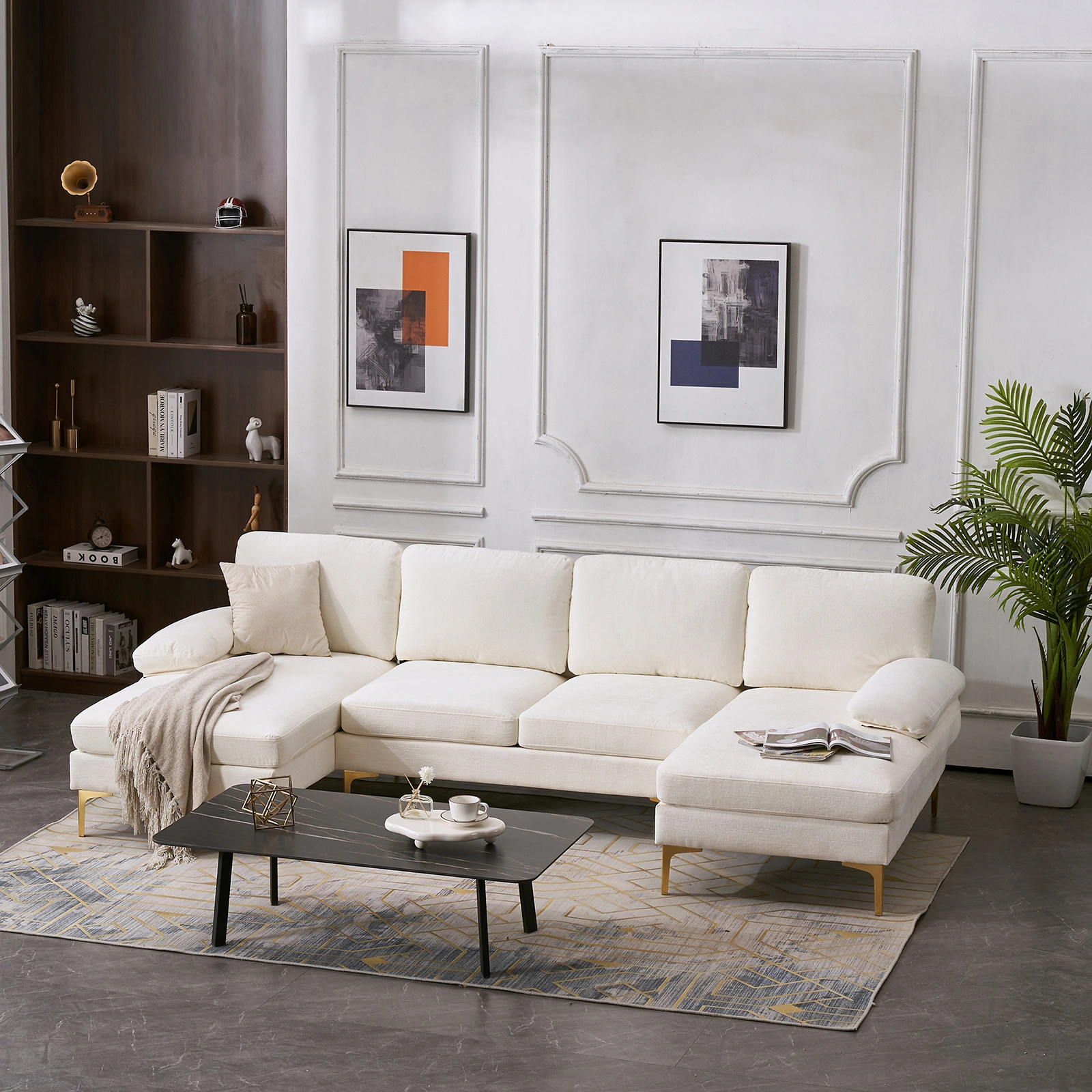 Modern U-Shaped 4-Seat Modular Sofa Creamy White view 24