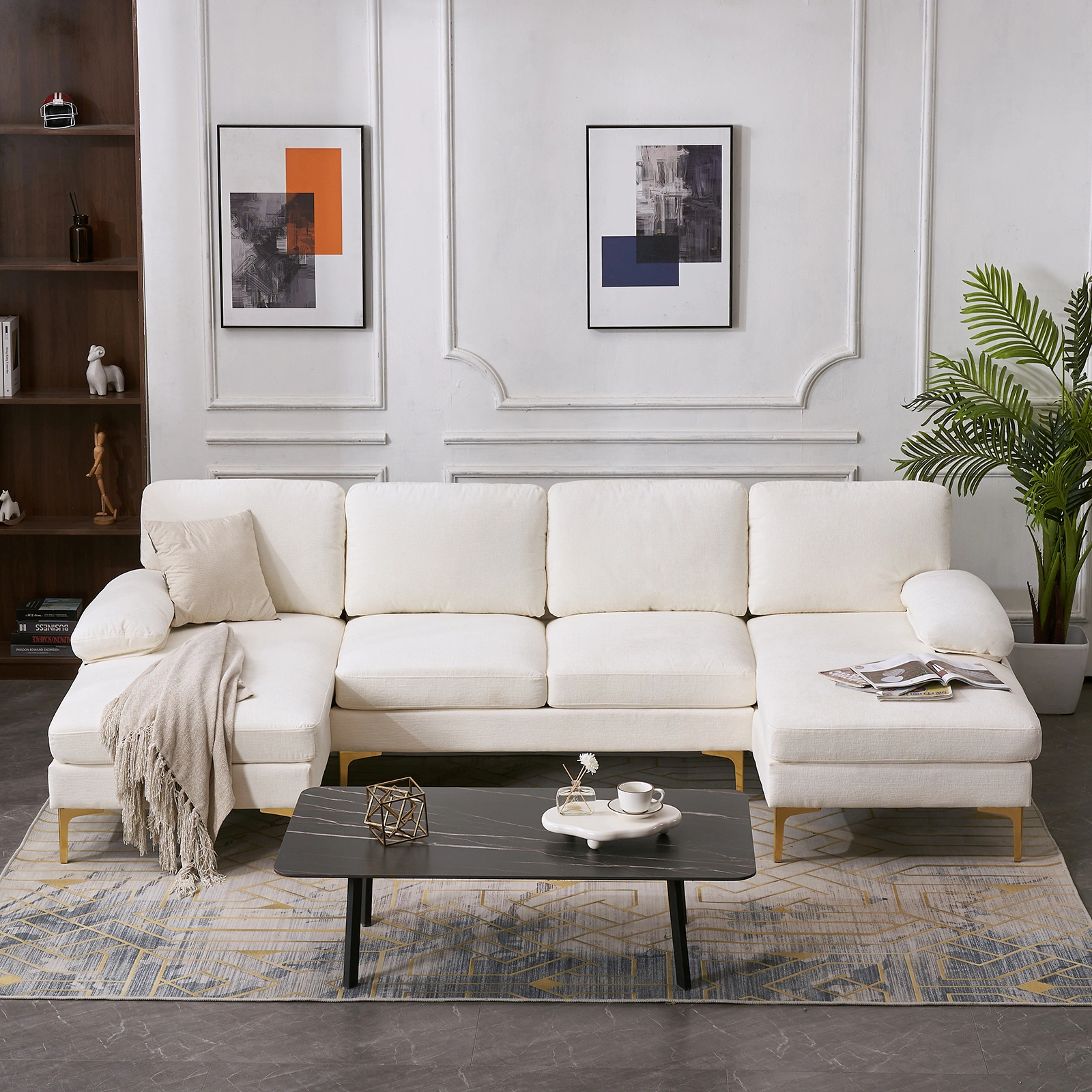 Modern U-Shaped 4-Seat Modular Sofa Creamy White view 28
