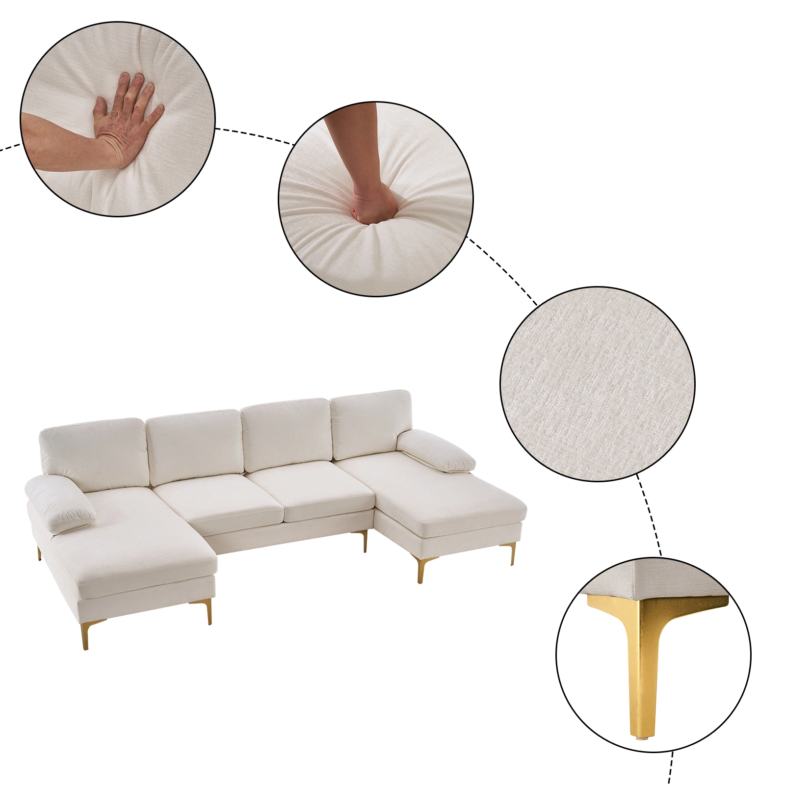 Modern U-Shaped 4-Seat Modular Sofa Creamy White view 7