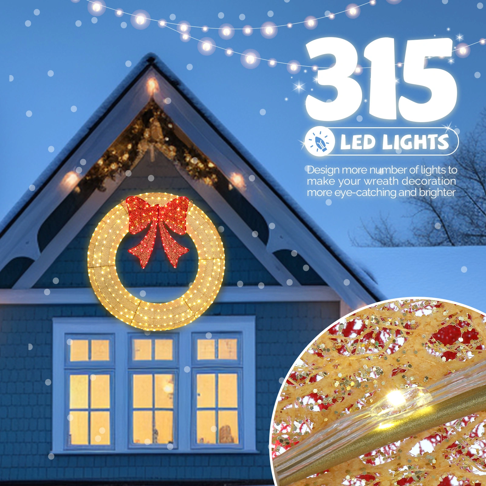 48 Inch Pre-Lit Christmas Wreath for Outdoor, 315 LED Metal Holiday Wreath Decor with Bow, Gold & Red, Garden Exterior view 4