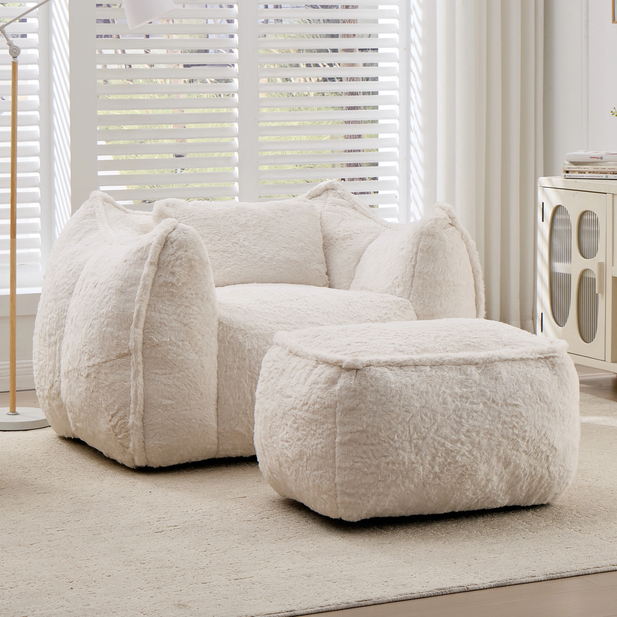 Giant Bean Bag Chair for Adults &Kids Faux Fur Bean Bag Sofa Chairs with Pillow &Ottoman, Comfy Reading & Gaming Beanbag Couch for Bedroom Living Room, Beige