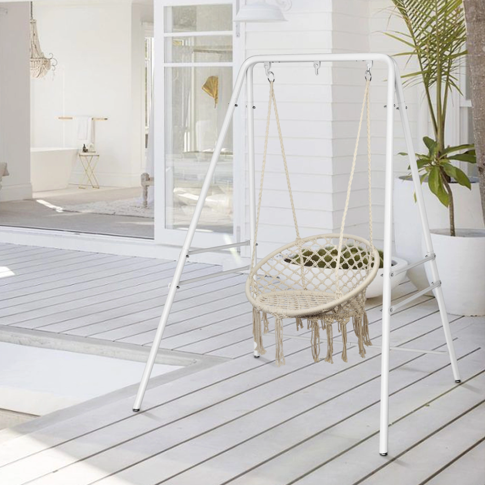 Wrought Iron Hanging Chair Frame Stand 133x137x180cm 200kg Capacity Four-Legged Garden Swing with 3 Rings - White view 2