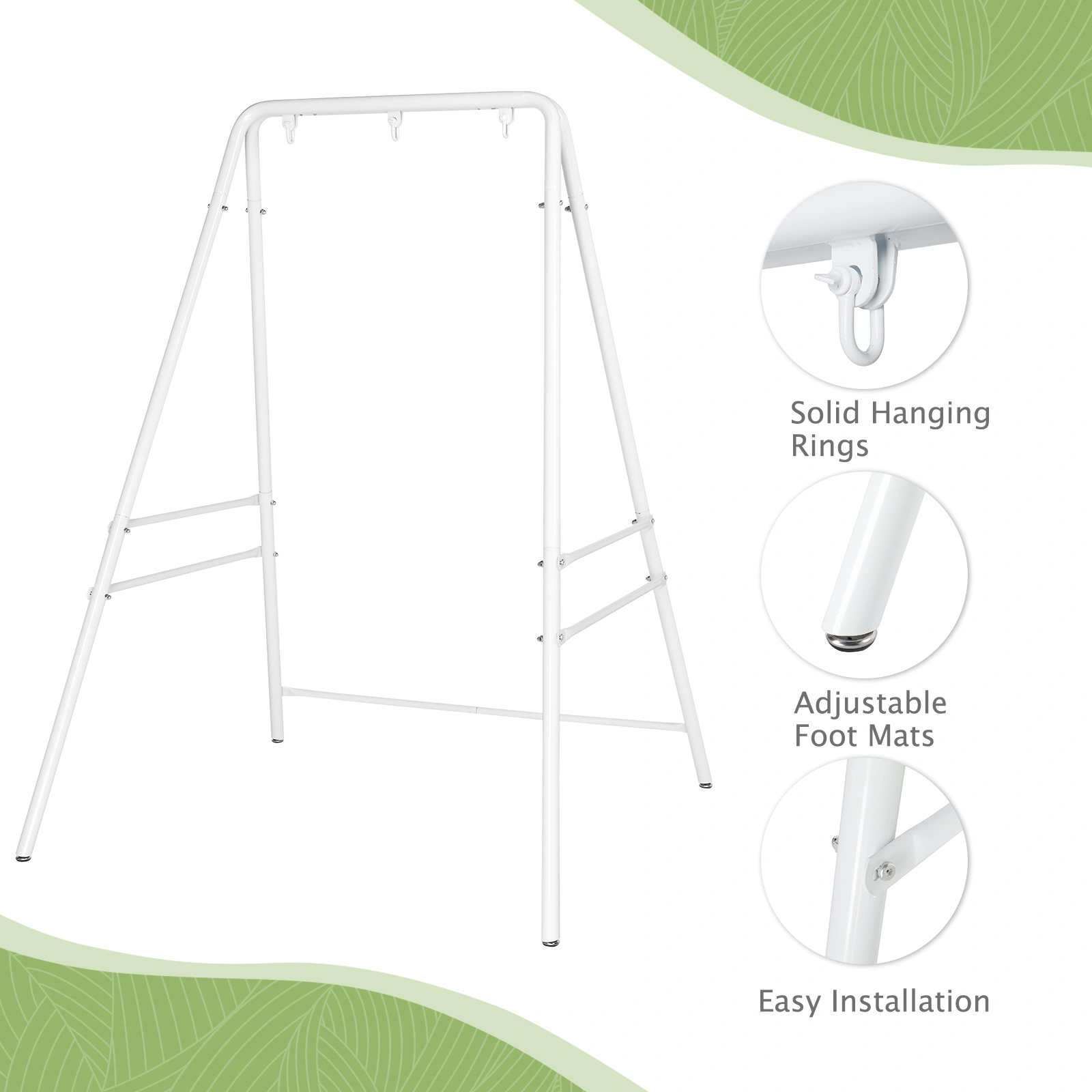 Wrought Iron Hanging Chair Frame Stand 133x137x180cm 200kg Capacity Four-Legged Garden Swing with 3 Rings - White view 22