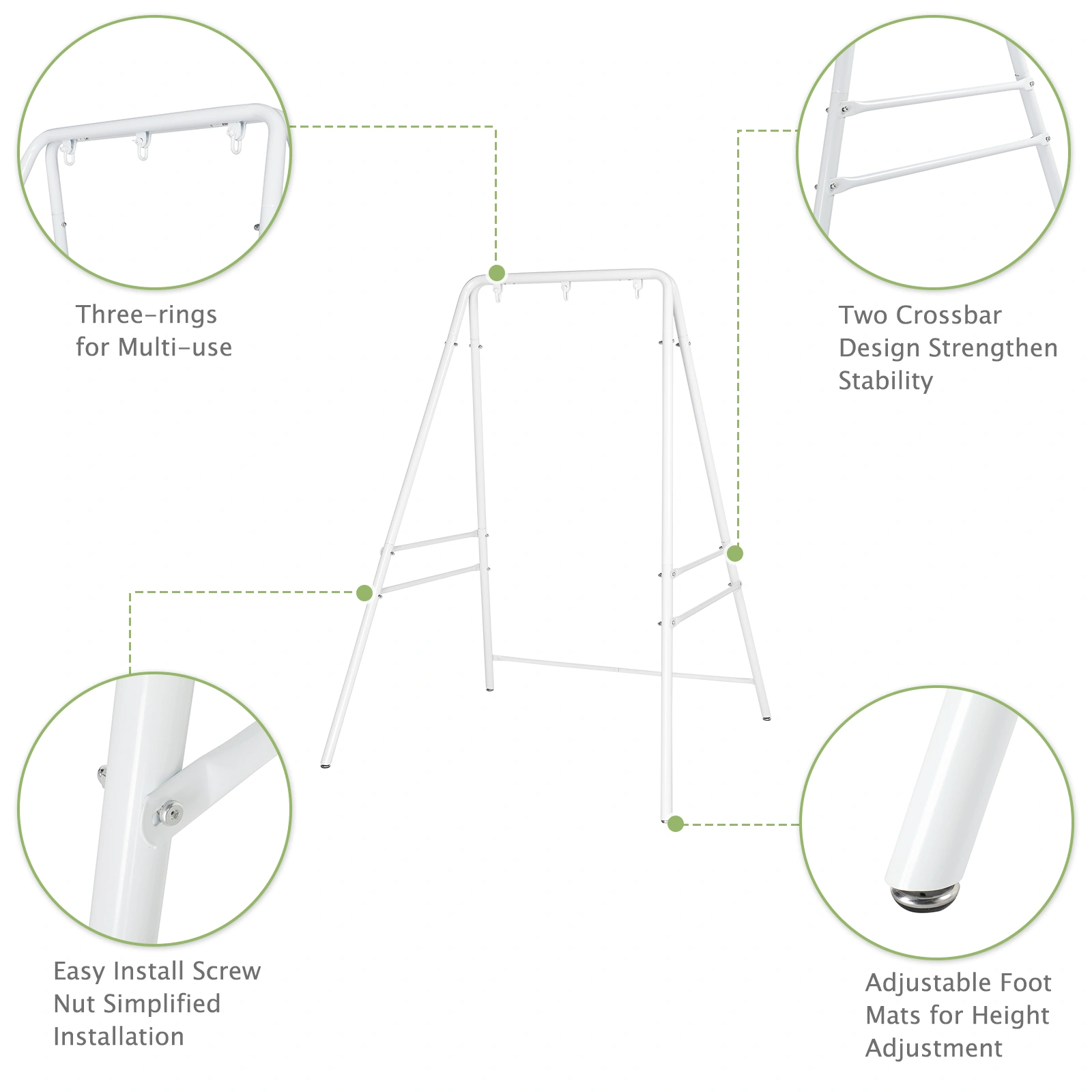 Wrought Iron Hanging Chair Frame Stand 133x137x180cm 200kg Capacity Four-Legged Garden Swing with 3 Rings - White view 23