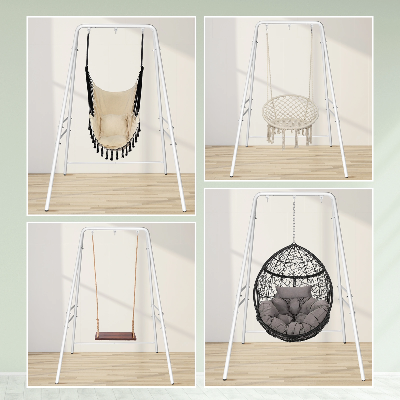 Wrought Iron Hanging Chair Frame Stand 133x137x180cm 200kg Capacity Four-Legged Garden Swing with 3 Rings - White view 24