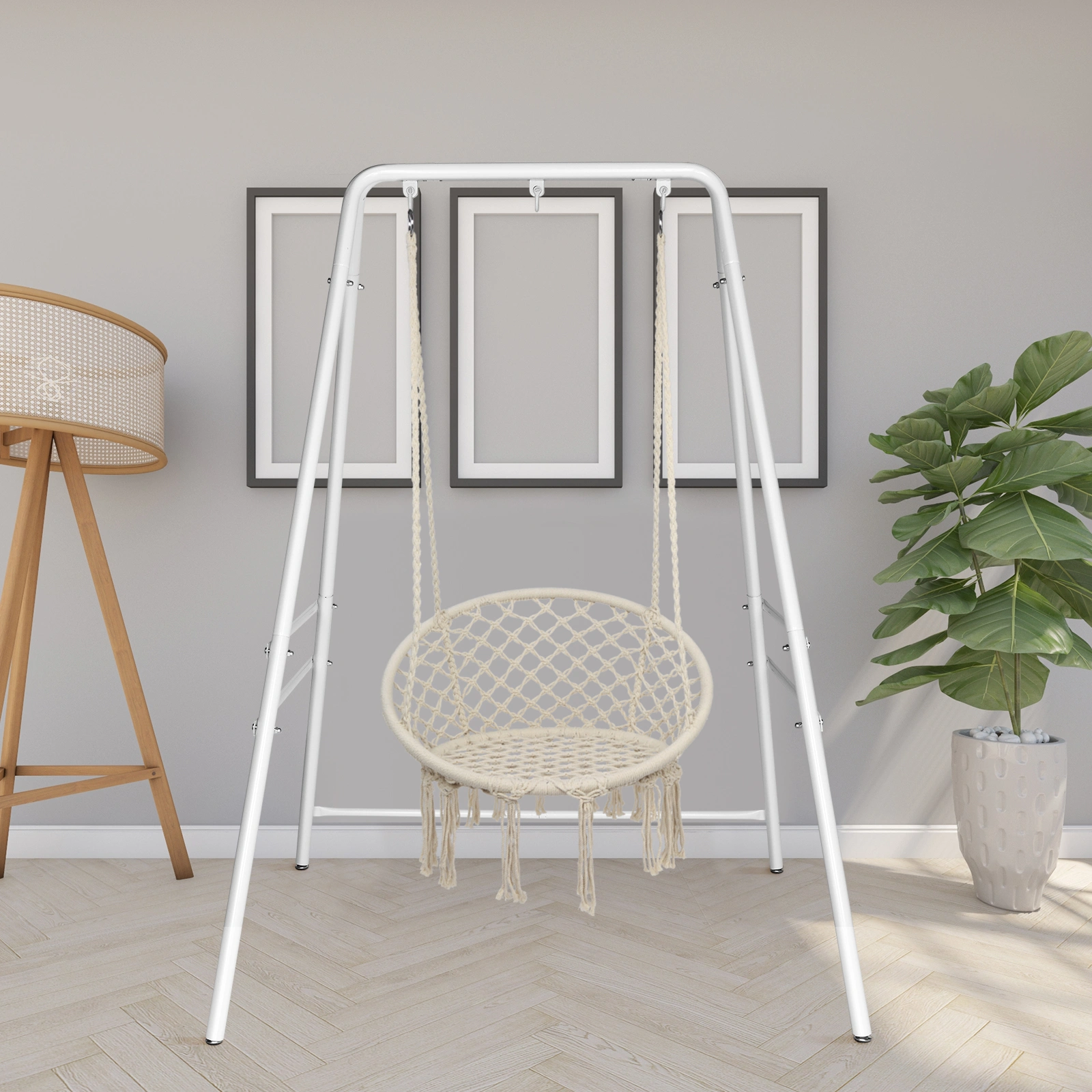 Wrought Iron Hanging Chair Frame Stand 133x137x180cm 200kg Capacity Four-Legged Garden Swing with 3 Rings - White view 3