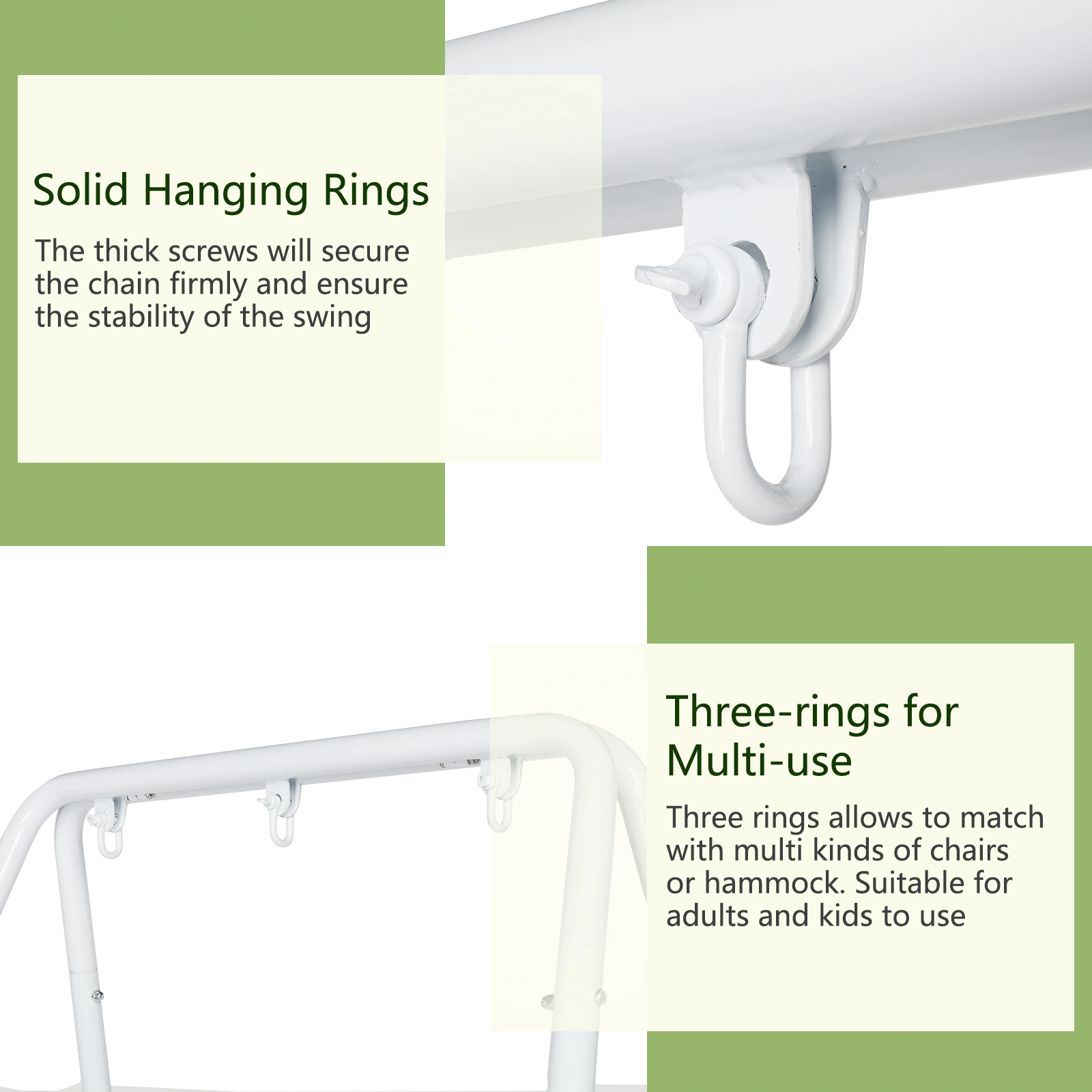 Wrought Iron Hanging Chair Frame Stand 133x137x180cm 200kg Capacity Four-Legged Garden Swing with 3 Rings - White view 4