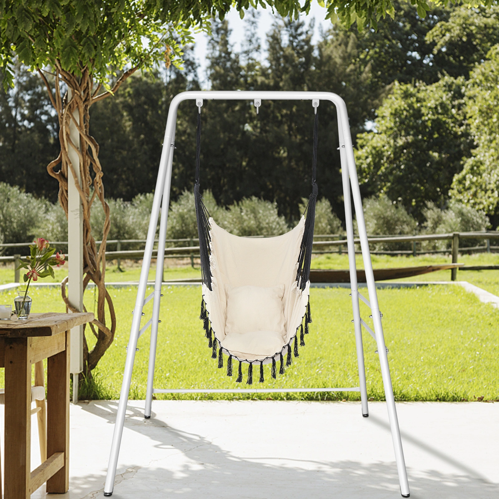 Wrought Iron Hanging Chair Frame Stand 133x137x180cm 200kg Capacity Four-Legged Garden Swing with 3 Rings - White view 5