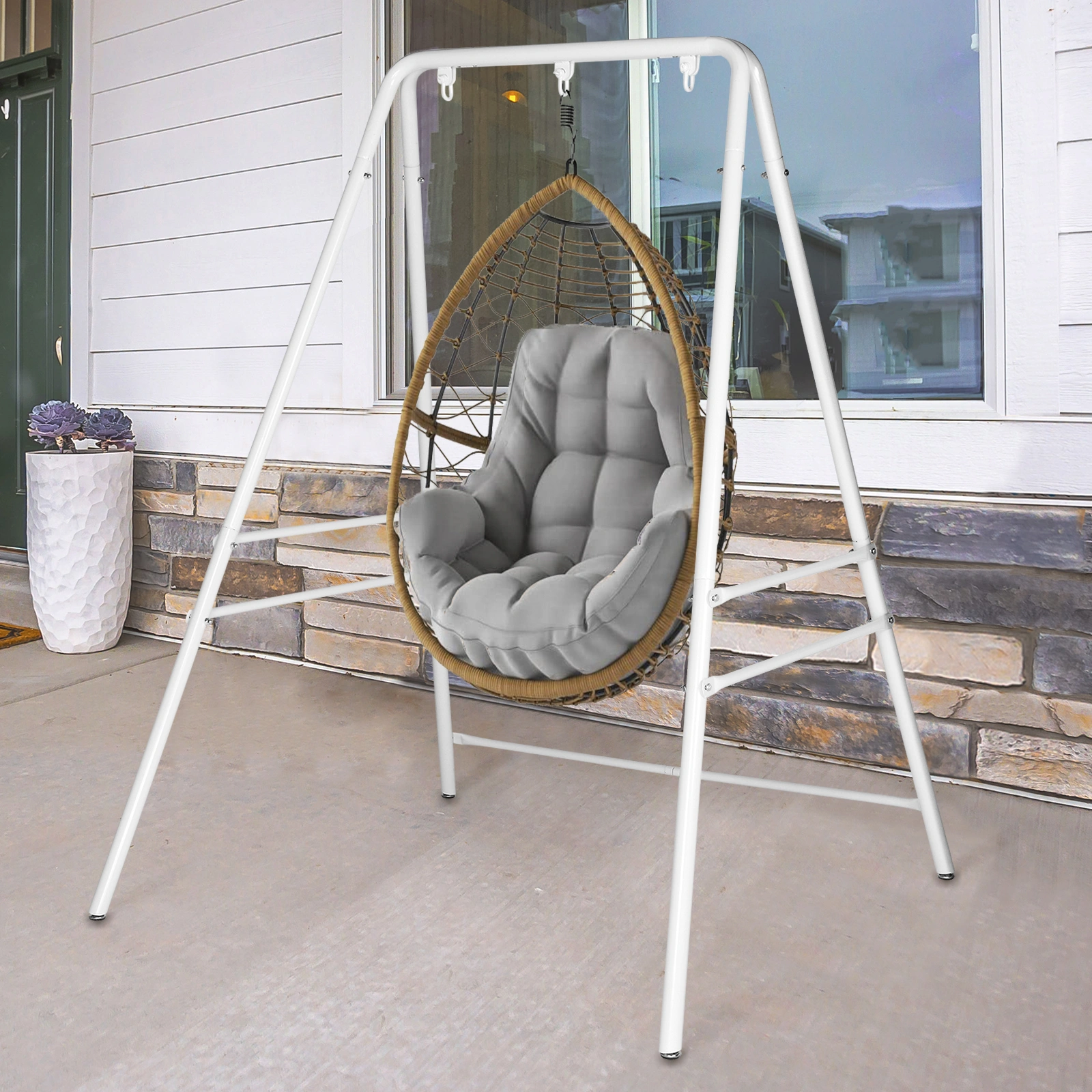 Wrought Iron Hanging Chair Frame Stand 133x137x180cm 200kg Capacity Four-Legged Garden Swing with 3 Rings - White view 6