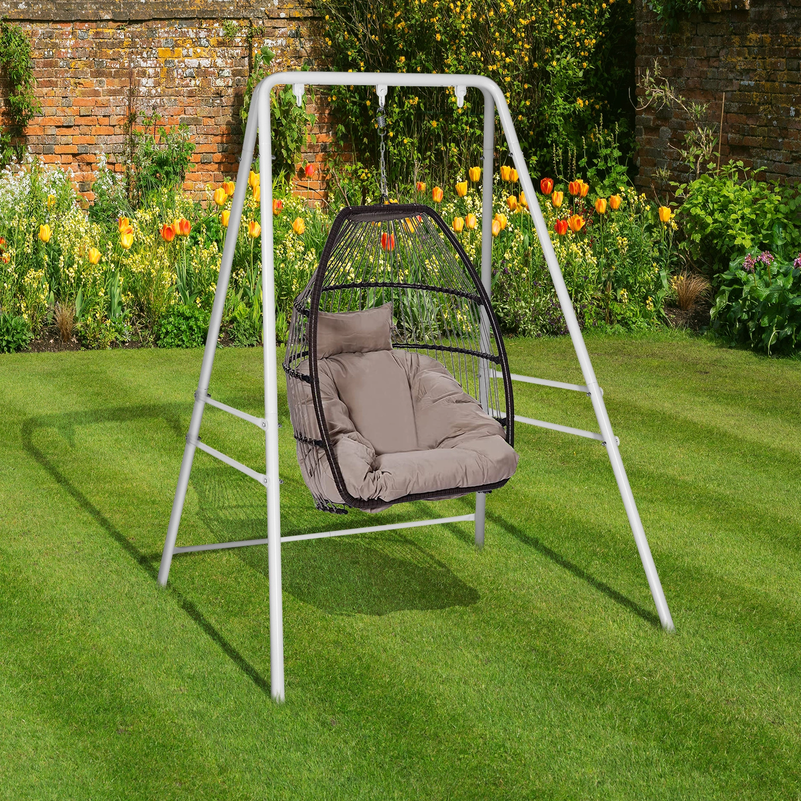 Wrought Iron Hanging Chair Frame Stand 133x137x180cm 200kg Capacity Four-Legged Garden Swing with 3 Rings - White view 7