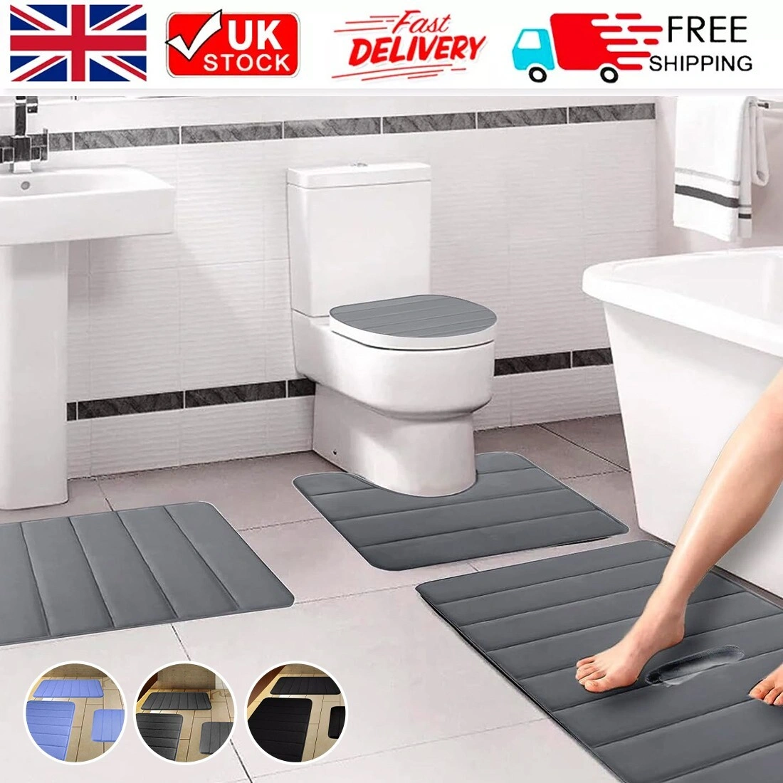 Memory Foam Bath Mat & Pedestal Set Non-Slip Toilet Contour Rugs 3 Piece Bathroom-Black
