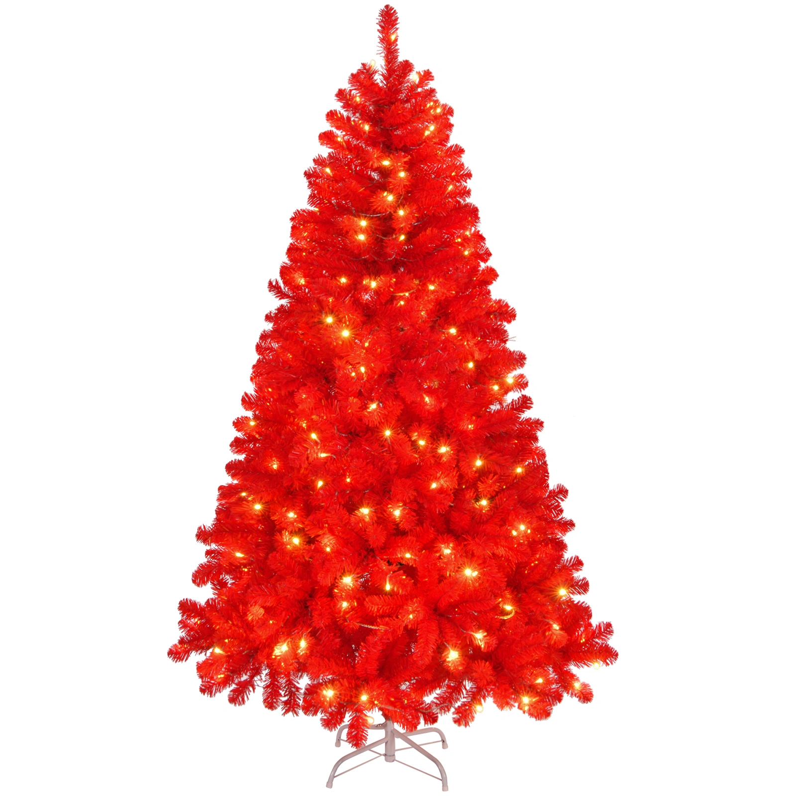6ft Artificial Christmas Tree with 100 Warm White Battery Lights, 750 Branch Tips, Sturdy Metal Stand, Pre-Lit Red