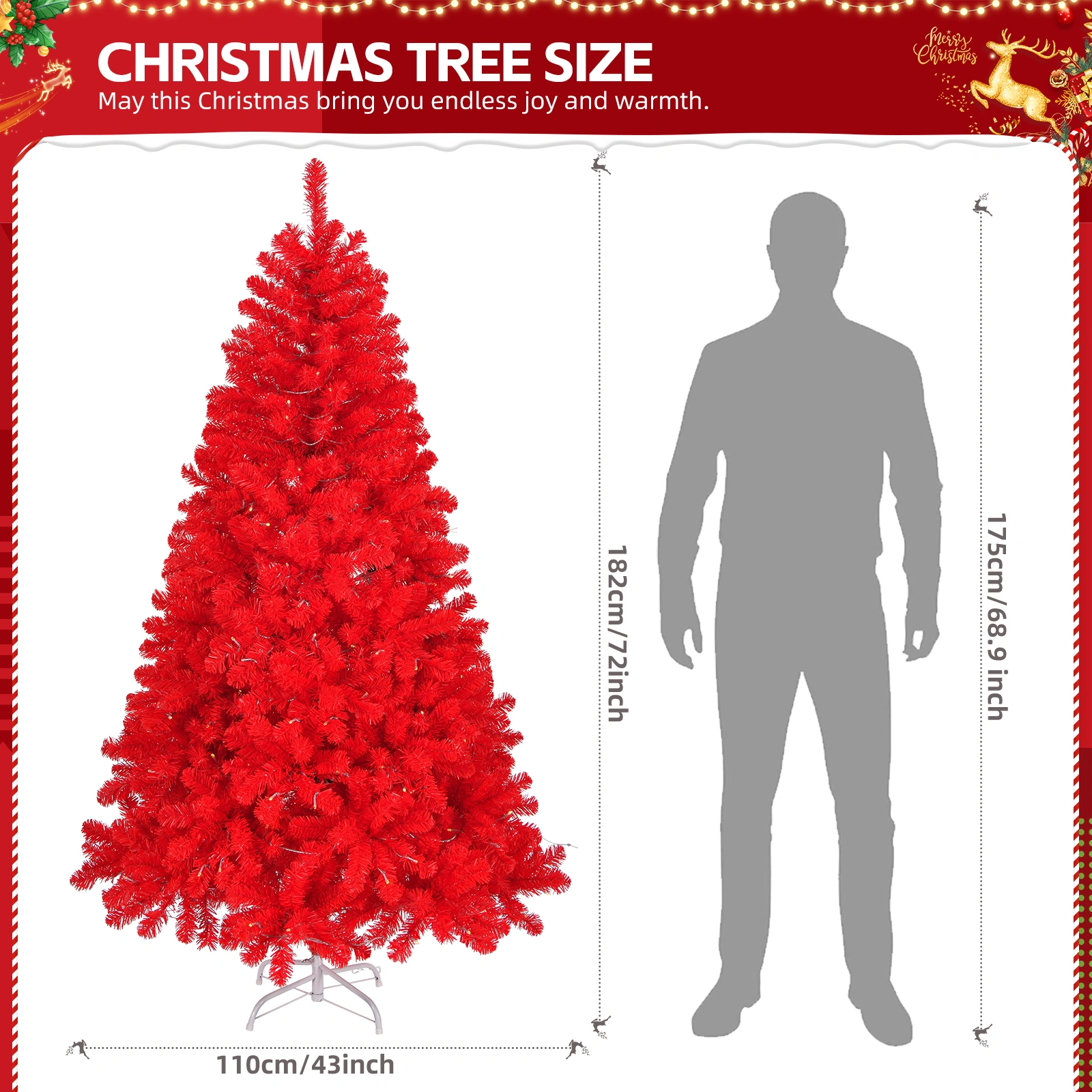 6ft Artificial Christmas Tree with 100 Warm White Battery Lights, 750 Branch Tips, Sturdy Metal Stand, Pre-Lit Red view 2