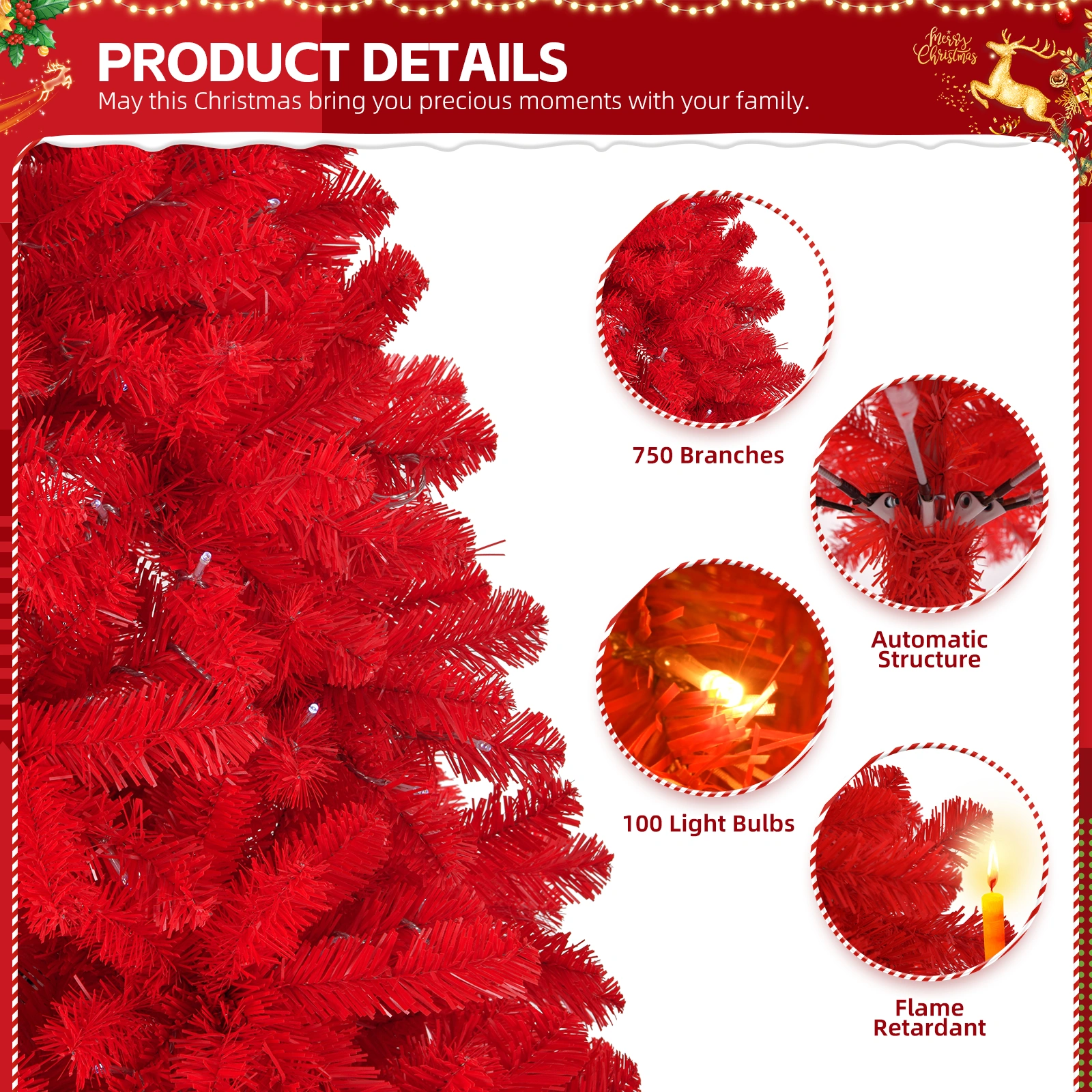 6ft Artificial Christmas Tree with 100 Warm White Battery Lights, 750 Branch Tips, Sturdy Metal Stand, Pre-Lit Red view 3