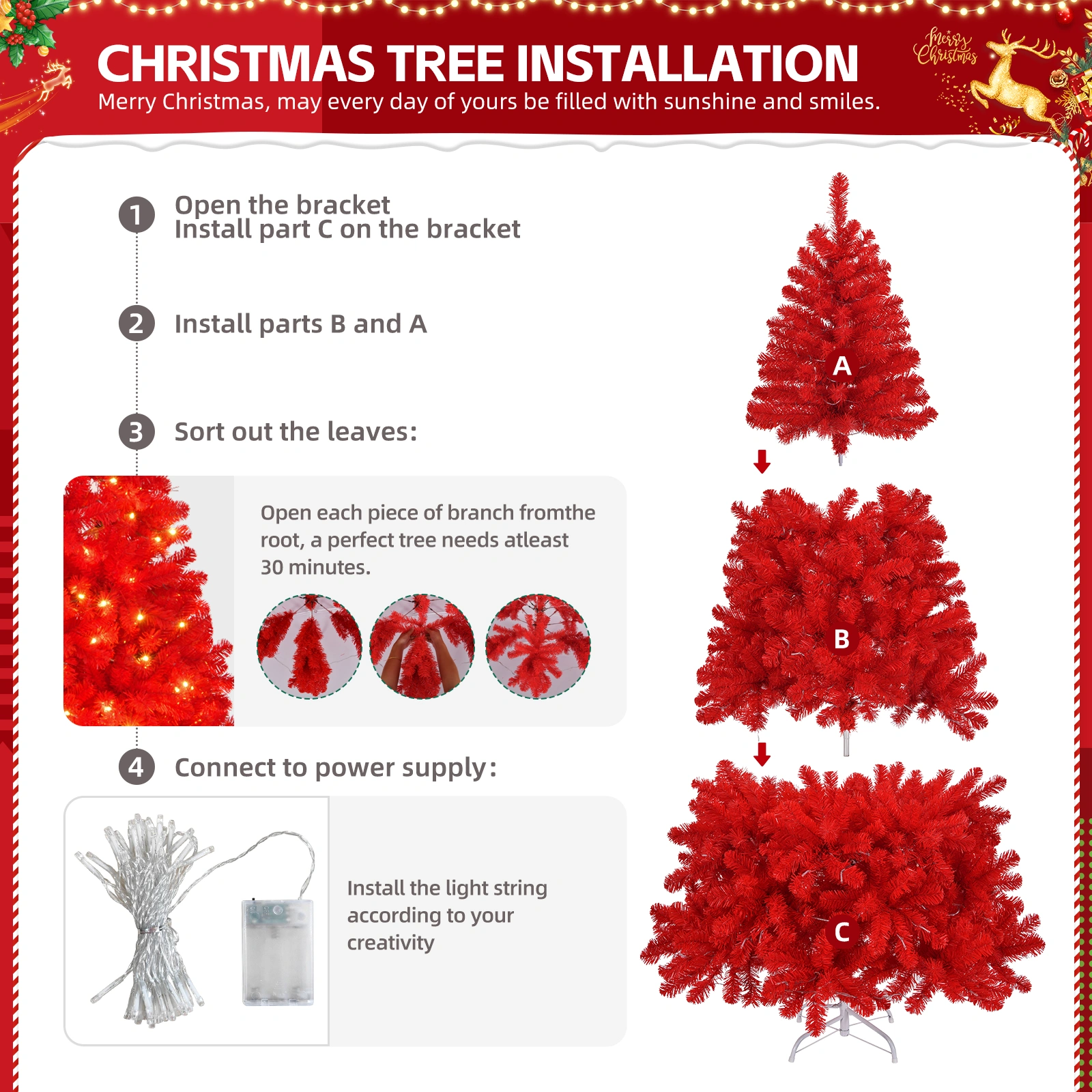 6ft Artificial Christmas Tree with 100 Warm White Battery Lights, 750 Branch Tips, Sturdy Metal Stand, Pre-Lit Red view 4