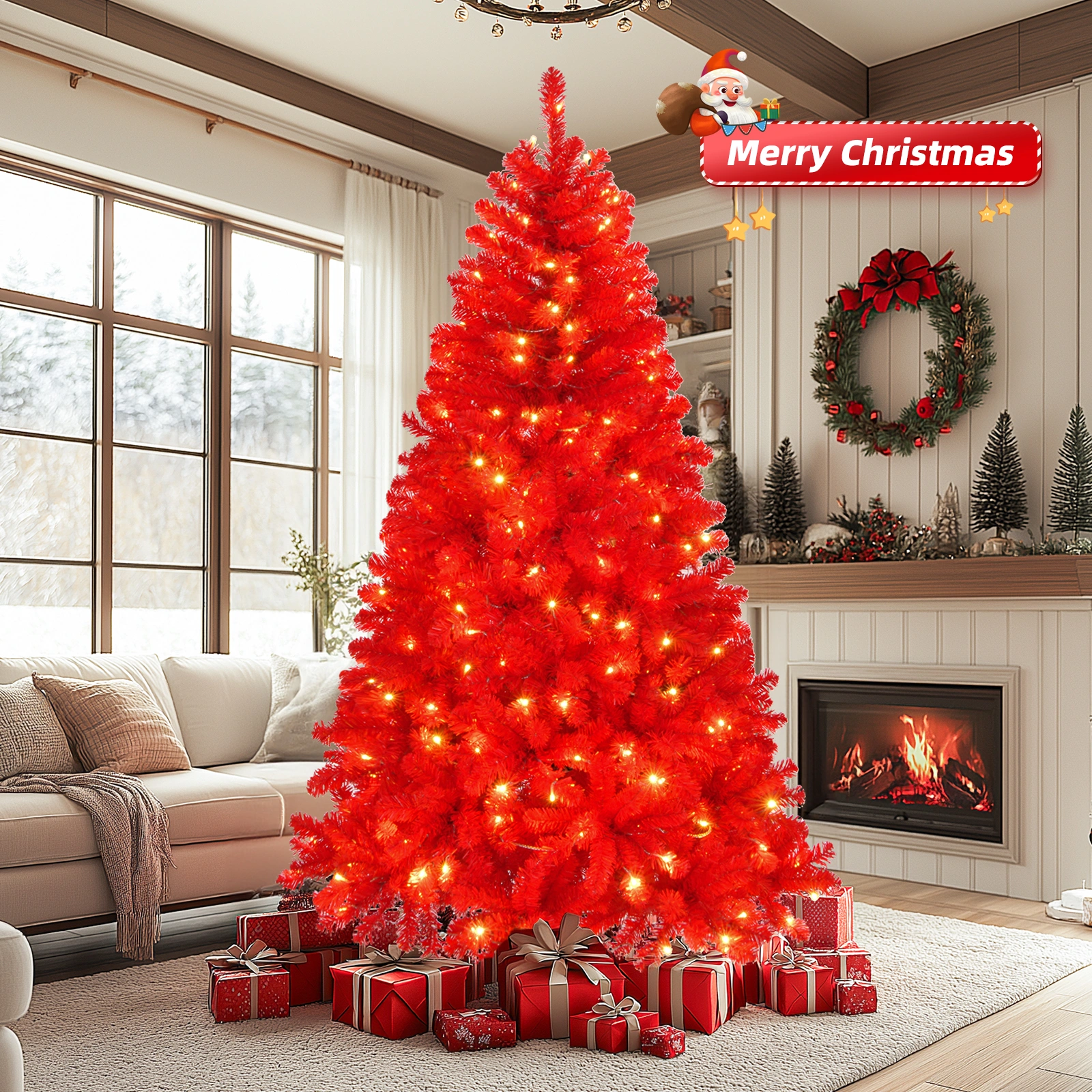 6ft Artificial Christmas Tree with 100 Warm White Battery Lights, 750 Branch Tips, Sturdy Metal Stand, Pre-Lit Red view 5