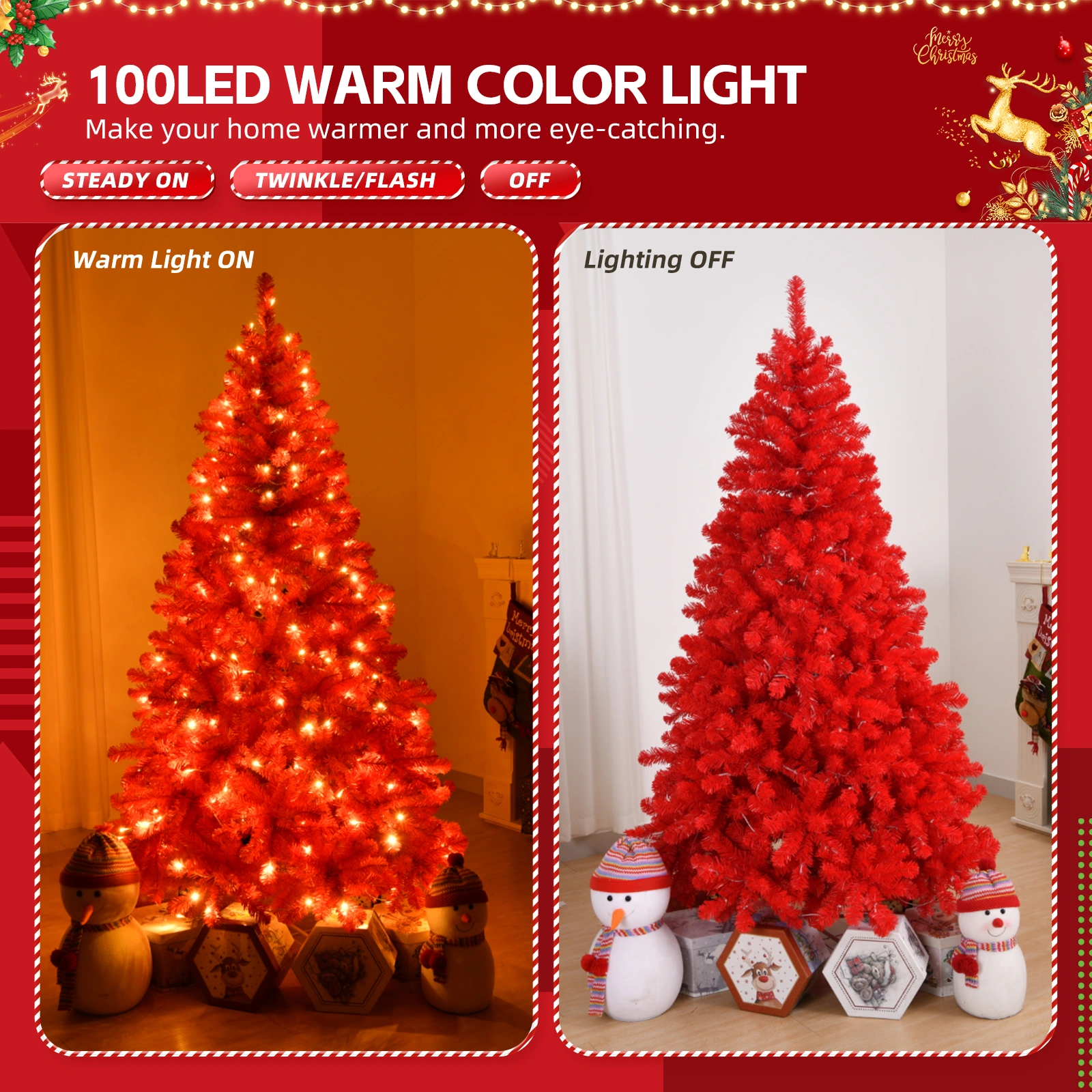 6ft Artificial Christmas Tree with 100 Warm White Battery Lights, 750 Branch Tips, Sturdy Metal Stand, Pre-Lit Red view 6