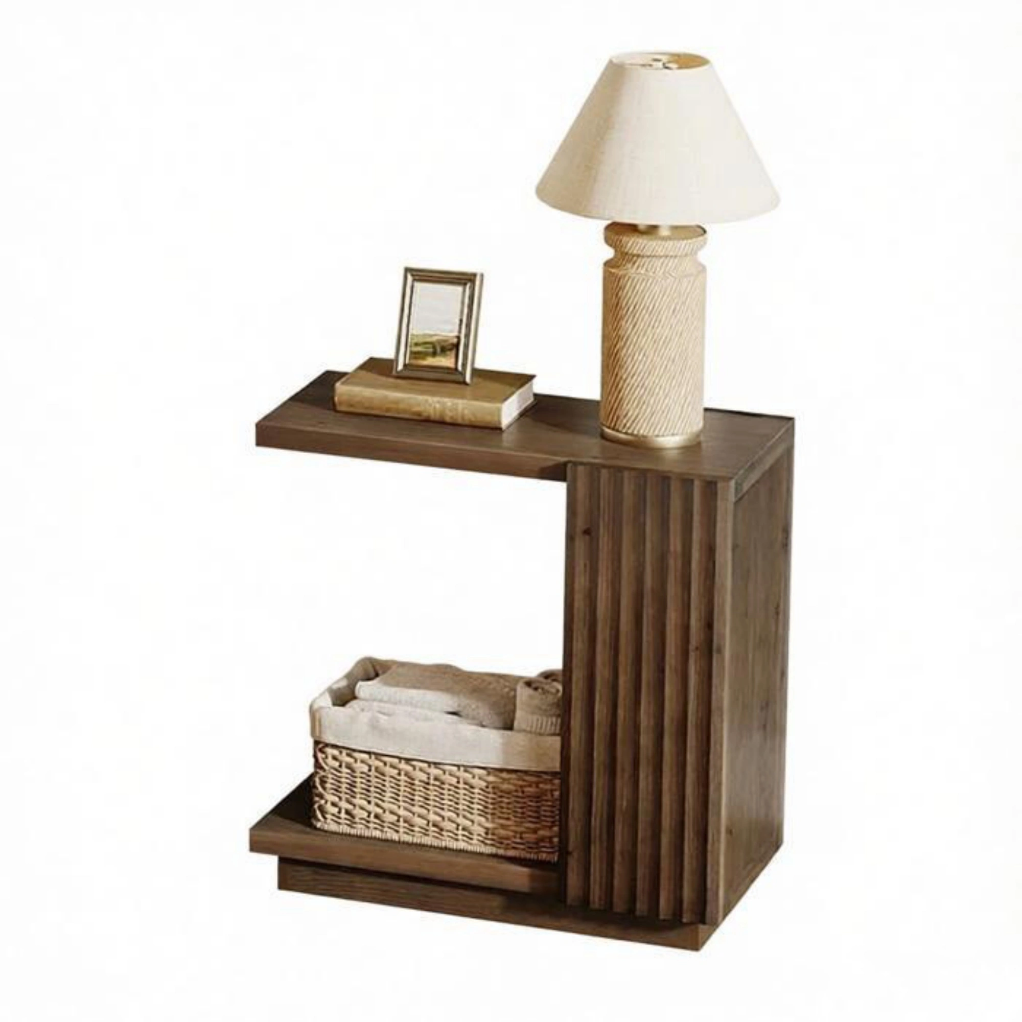 C Shaped Side Table with Fluted Panels, Wooden Accent Table, Modern C-Shape End Table for Living Room Bedroom view 2