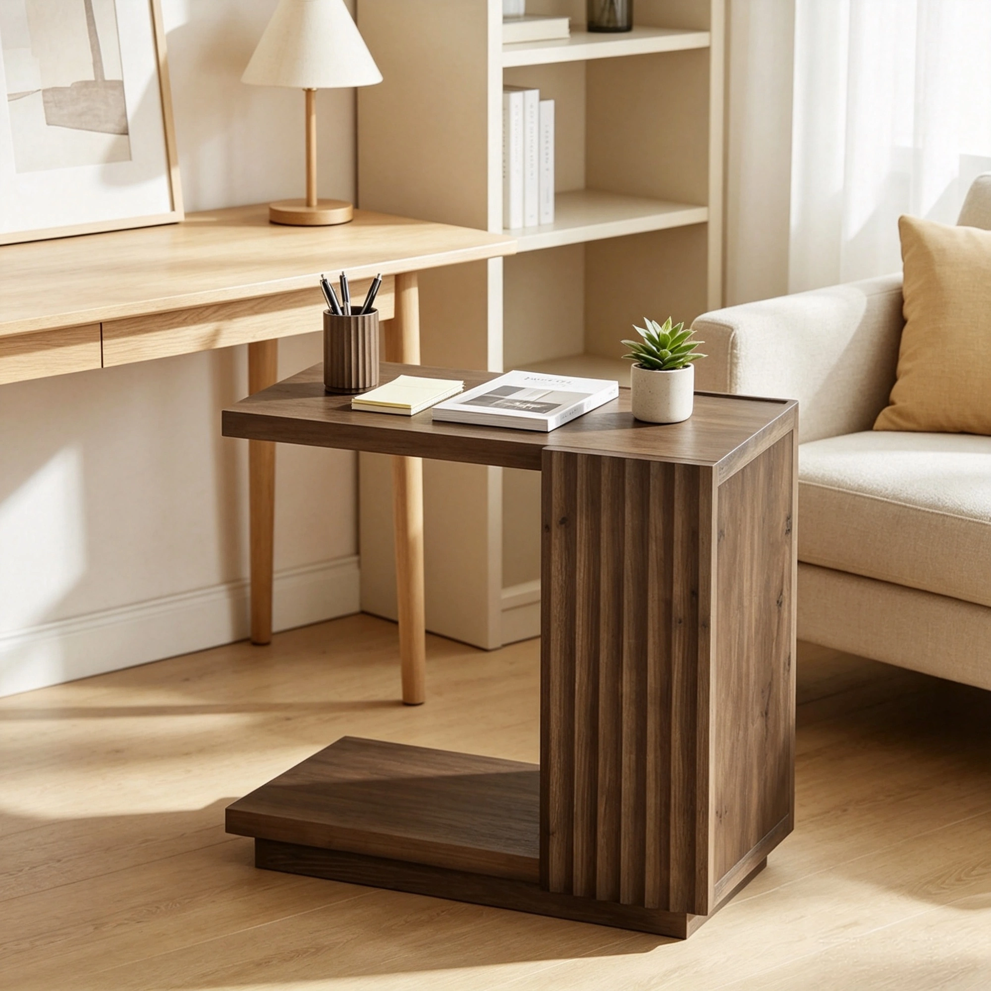 C Shaped Side Table with Fluted Panels, Wooden Accent Table, Modern C-Shape End Table for Living Room Bedroom view 6