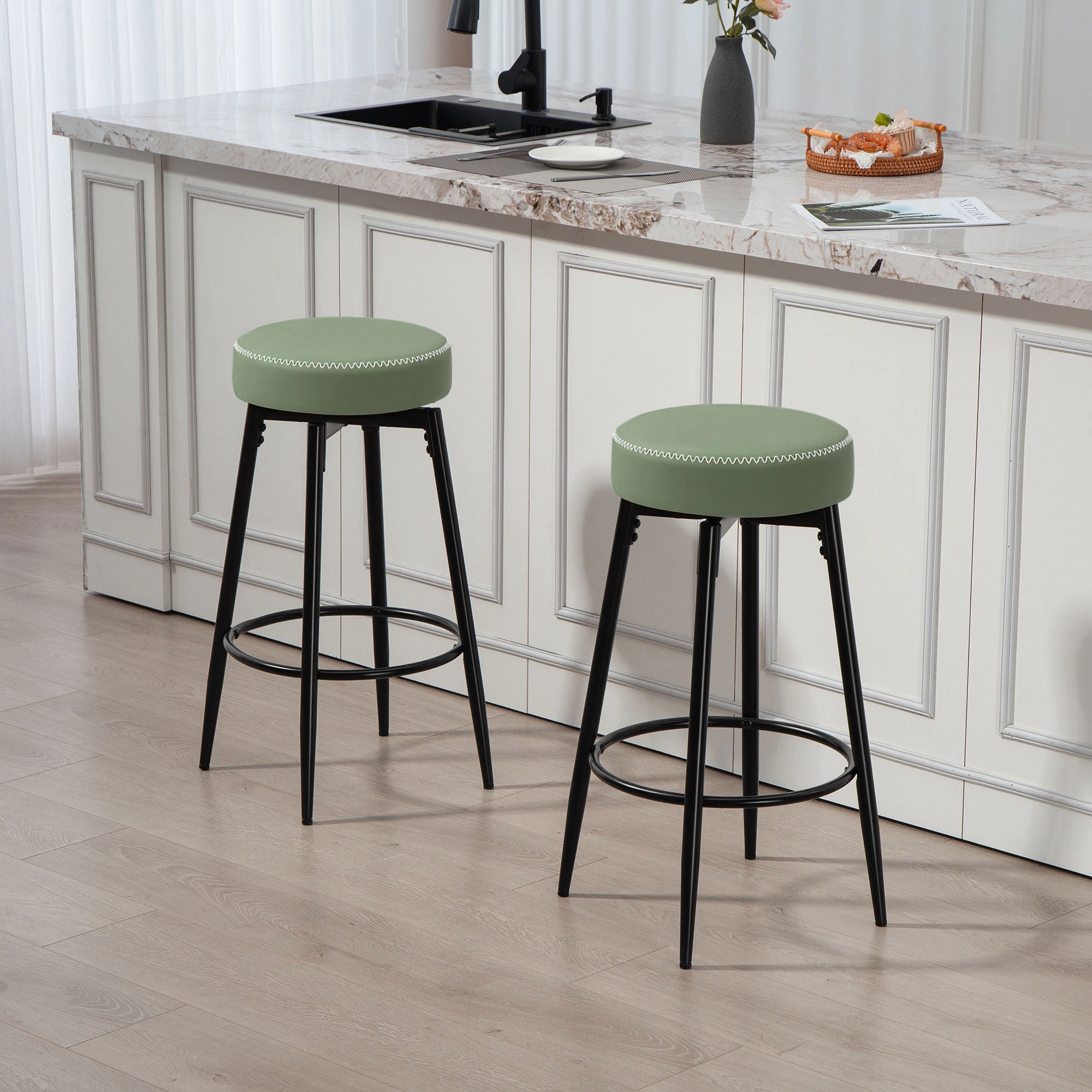 Adjustable Height Bar Stool, Swivel Counter Stool with Padded Seat, Retro Metal Footrest for Kitchen Island, Dining Room