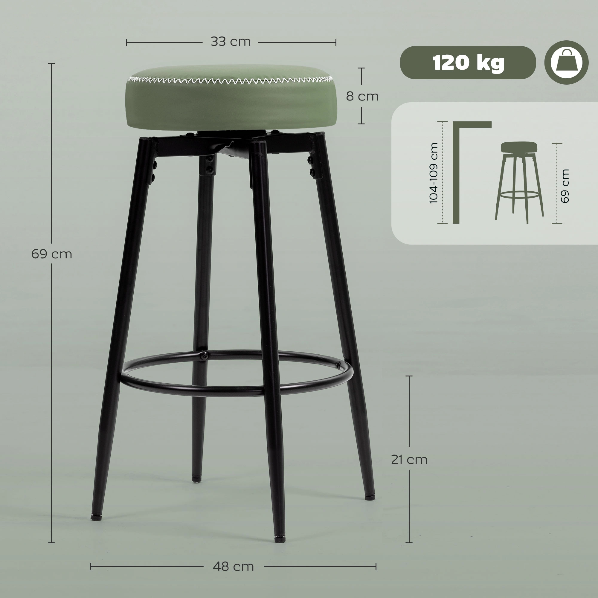 Adjustable Height Bar Stool, Swivel Counter Stool with Padded Seat, Retro Metal Footrest for Kitchen Island, Dining Room view 2