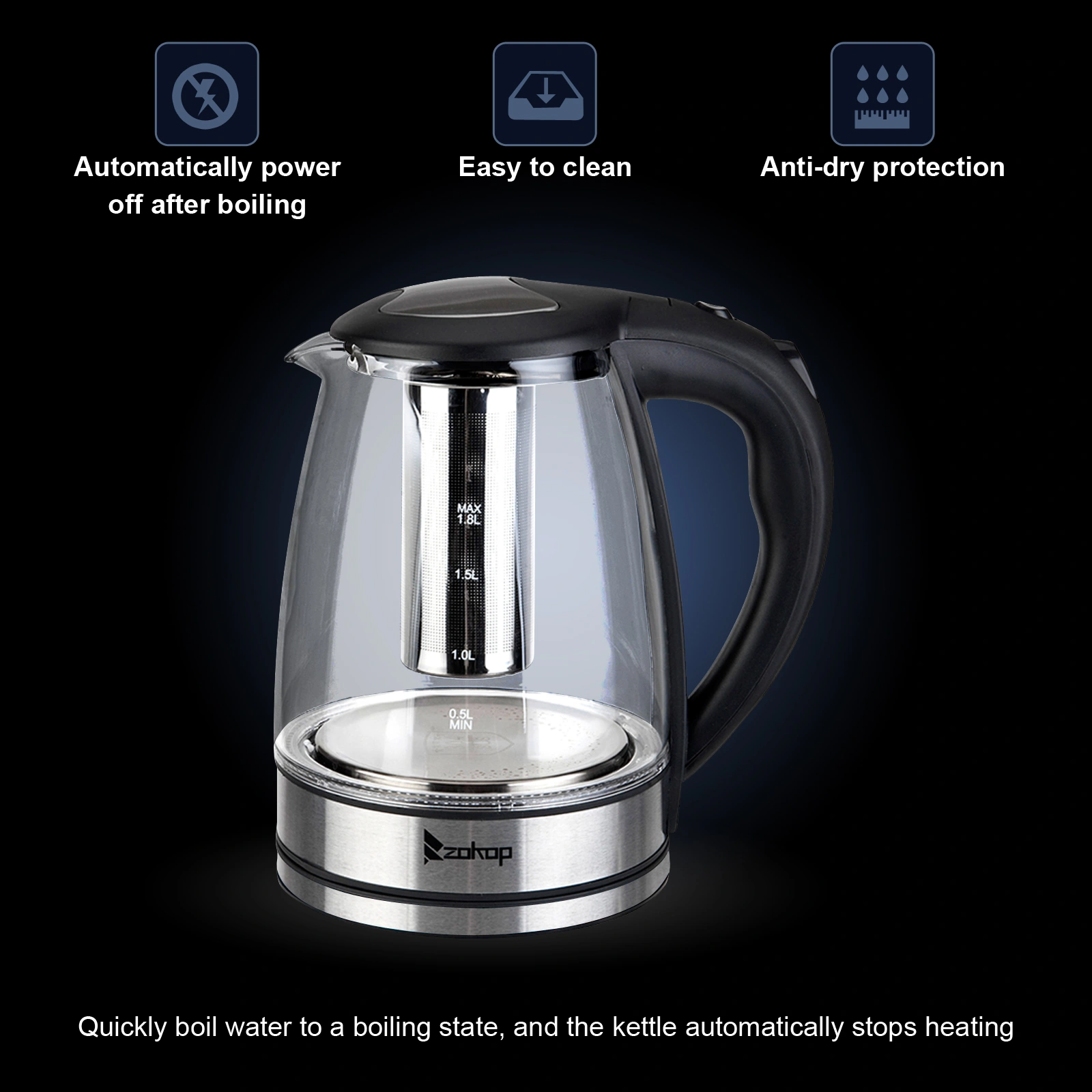 HD-1861-A 110V 1200W 1.8L Electric Glass Kettle US Plug view 42