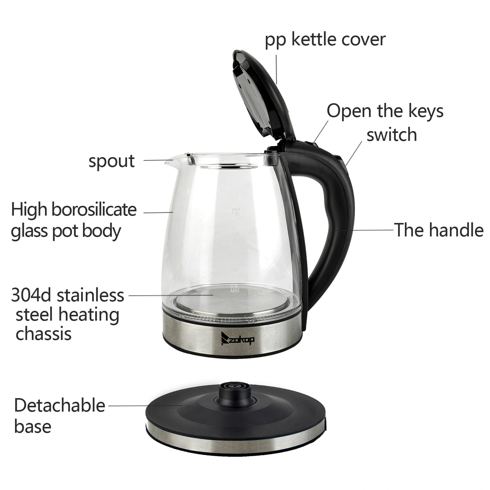 HD-1861-A 110V 1200W 1.8L Electric Glass Kettle US Plug view 47