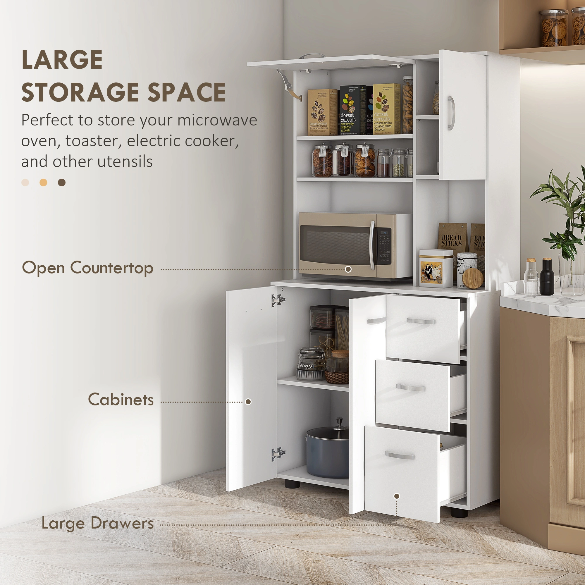 Premium Kitchen Storage Cabinet with Doors & Drawers | Spacious 3-Shelf Cupboard | Freestanding Pantry Organizer for Home Use view 3