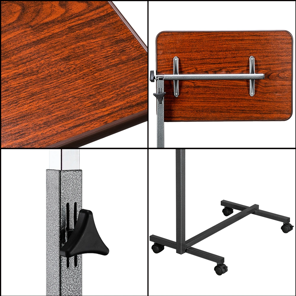 Multifunctional Adjustable Bedside Table MDF/Iron/4 Wheels With Brake, Dark Wood Grain Color view 40