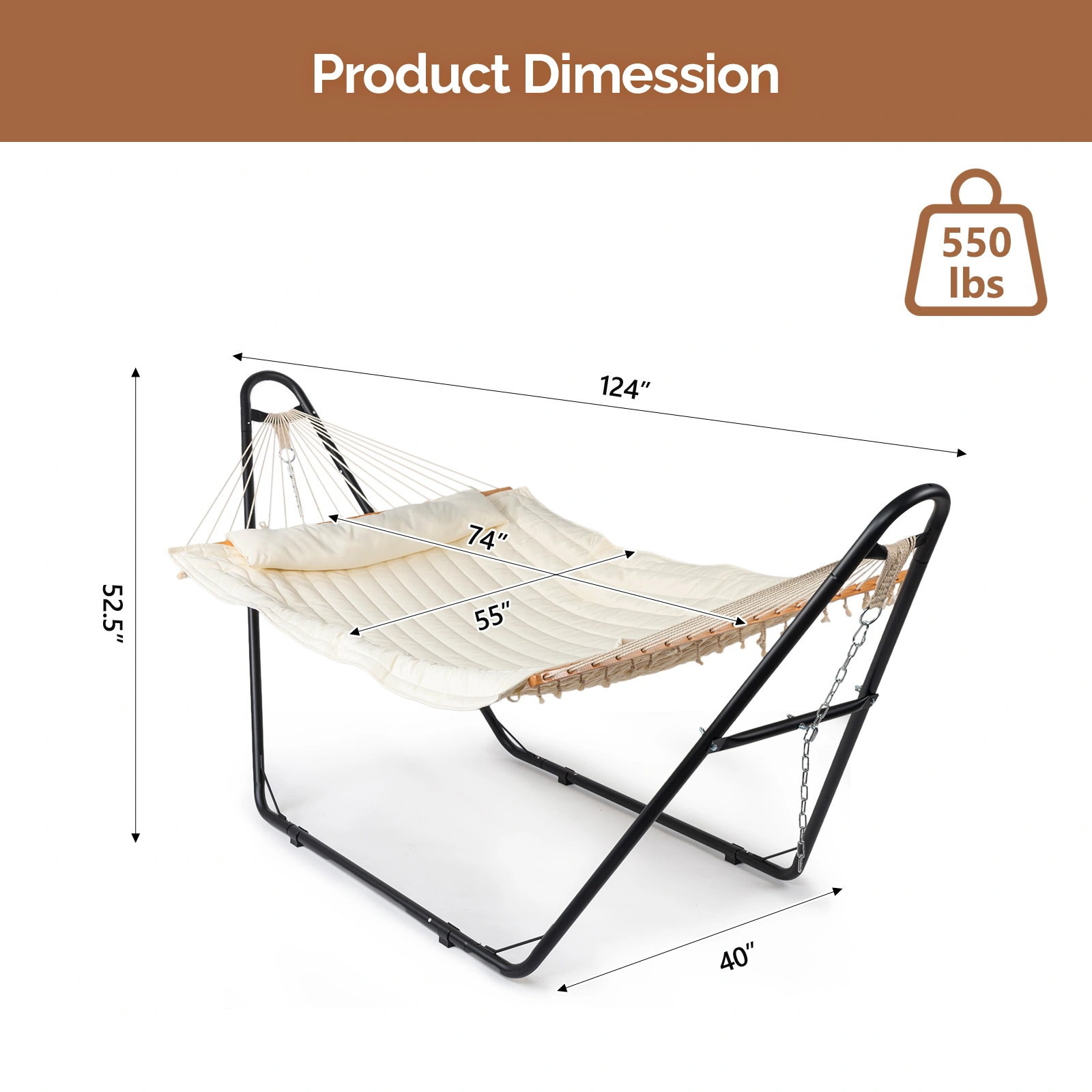 Hammock with Stand, Double-Barrel Hammock with Hammock Bed, Heavy Duty Adjustable Hammock Set for Outdoors, Patio, Yard, Garden, Beige view 4