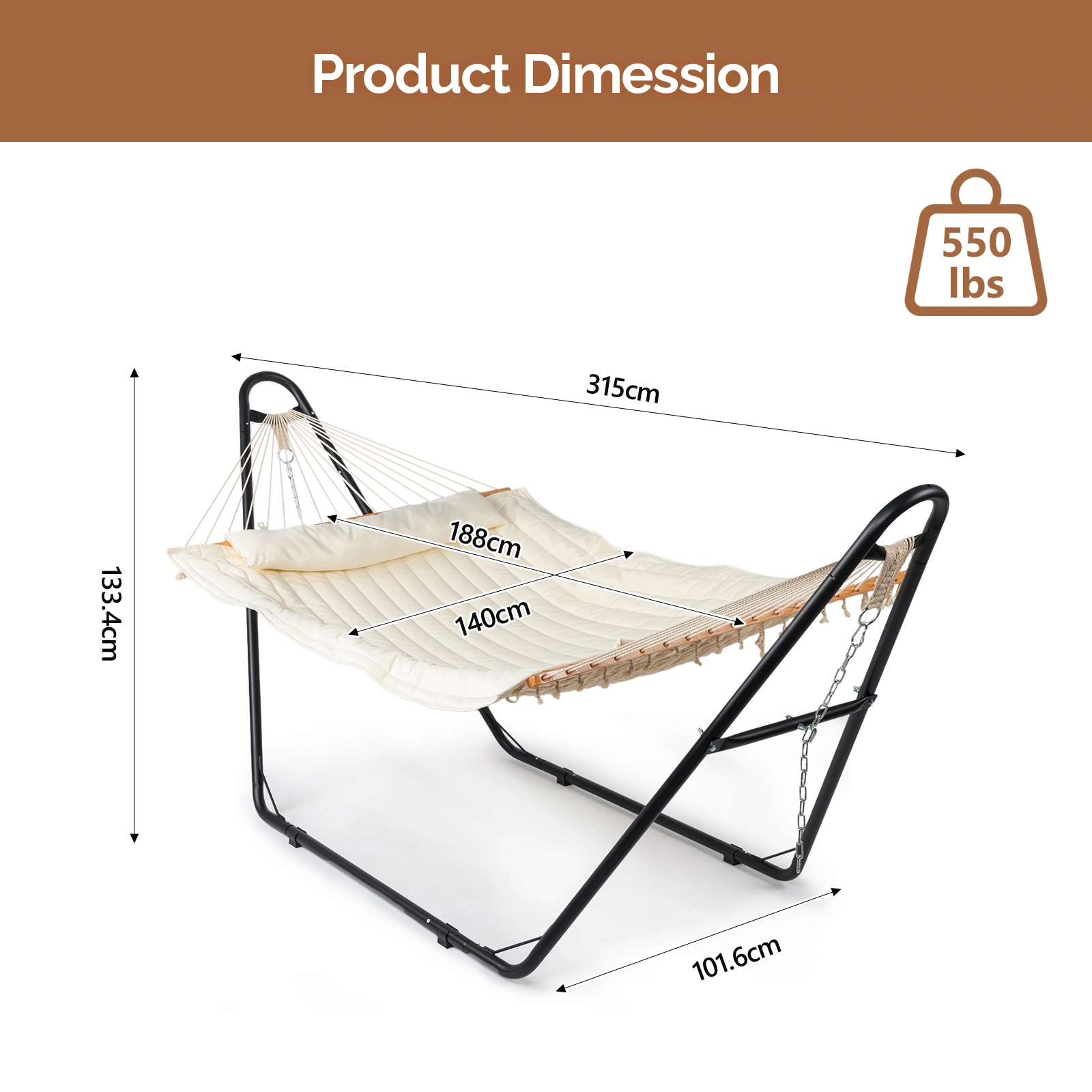 Hammock with Stand, Double-Barrel Hammock with Hammock Bed, Heavy Duty Adjustable Hammock Set for Outdoors, Patio, Yard, Garden, Beige view 5