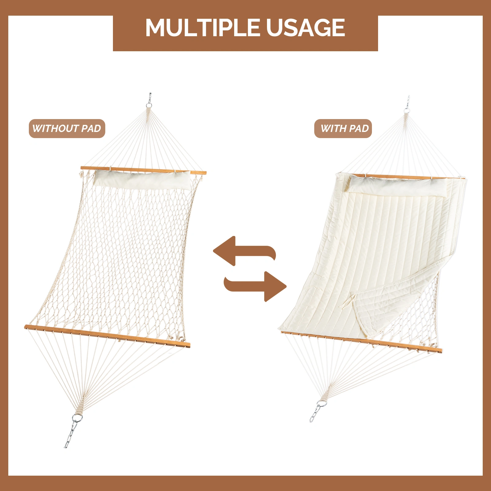 Hammock with Stand, Double-Barrel Hammock with Hammock Bed, Heavy Duty Adjustable Hammock Set for Outdoors, Patio, Yard, Garden, Beige view 6