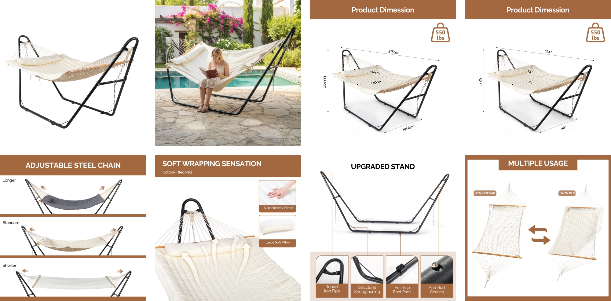 Hammock with Stand, Double-Barrel Hammock with Hammock Bed, Heavy Duty Adjustable Hammock Set for Outdoors, Patio, Yard, Garden, Beige view 8