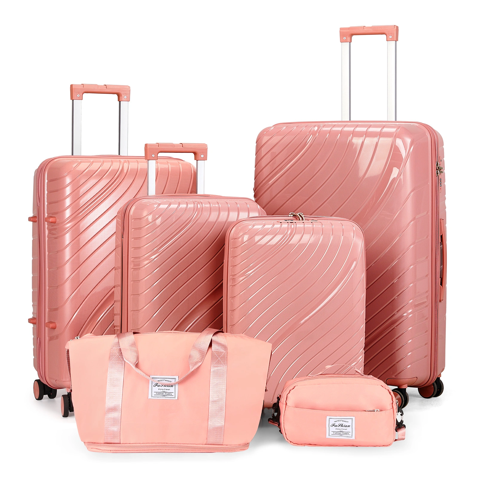 4 Piece Rose Gold PP Luggage Set 18 20 24 28 Inch Hardshell Suitcase with Beige Travel Tote 3L Wash Bag 8 Piece Toiletry Kit & 2 Piece Handbag view 2