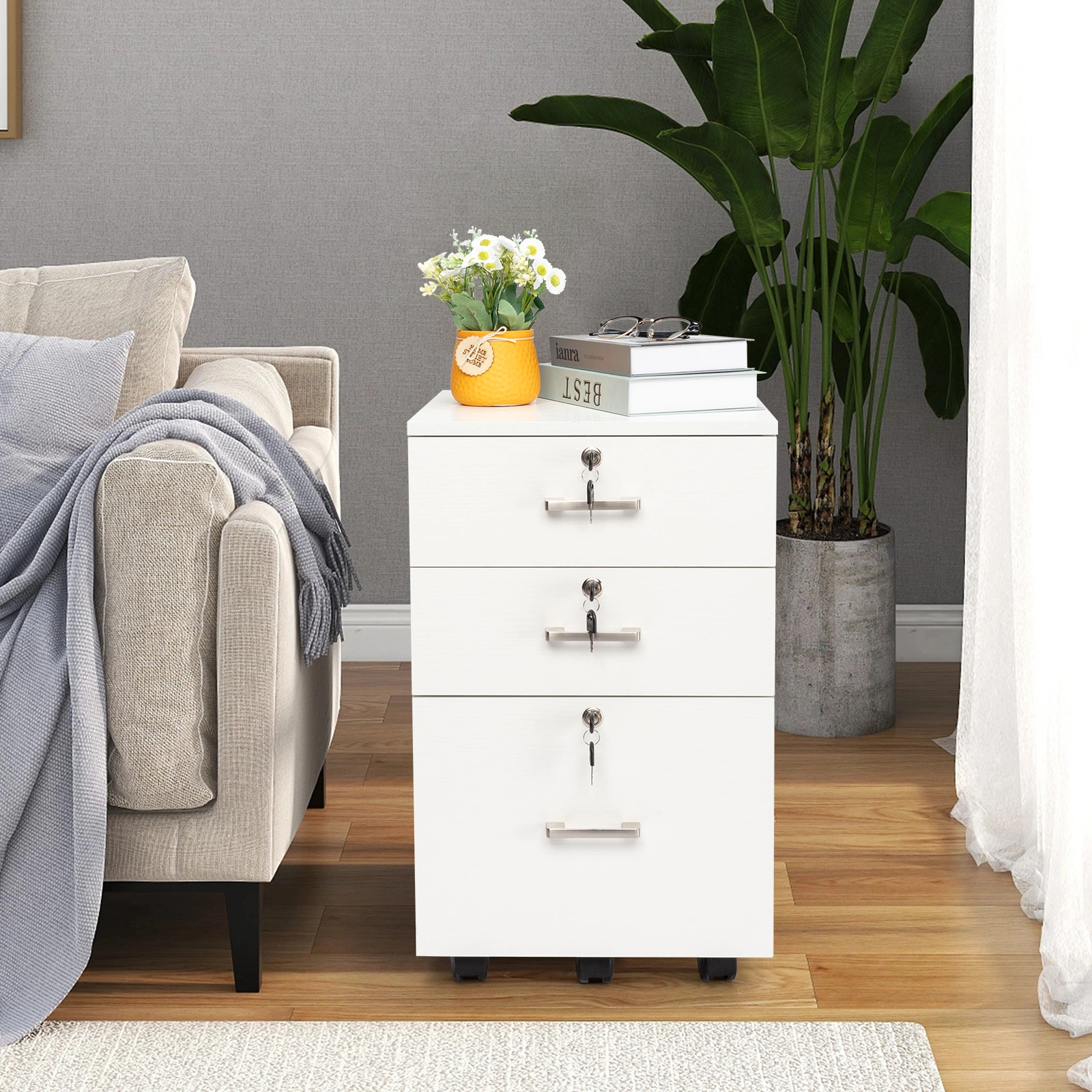 White Wood Grain Density Board Three Drawers Wooden Filing Cabinet view 12