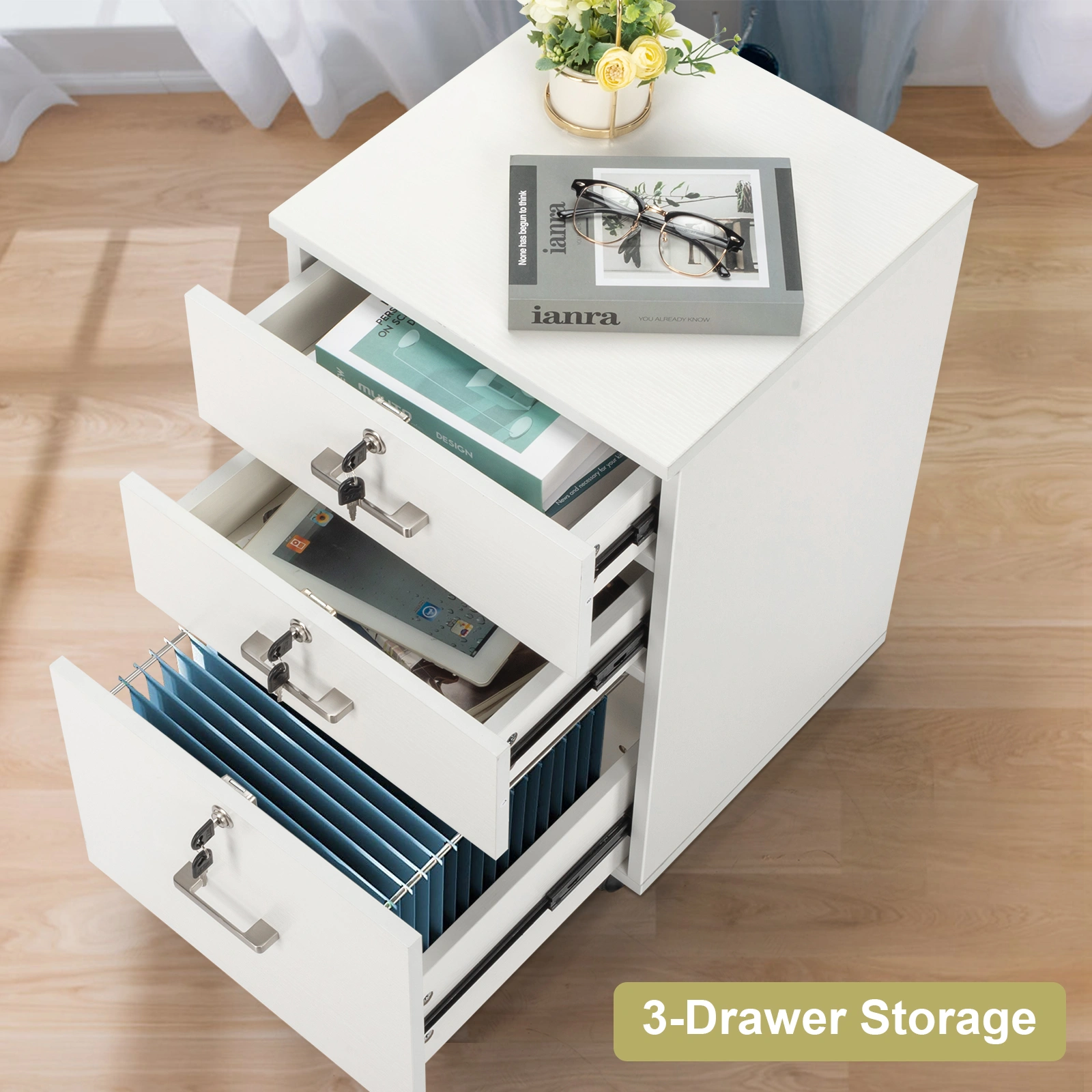 White Wood Grain Density Board Three Drawers Wooden Filing Cabinet view 14