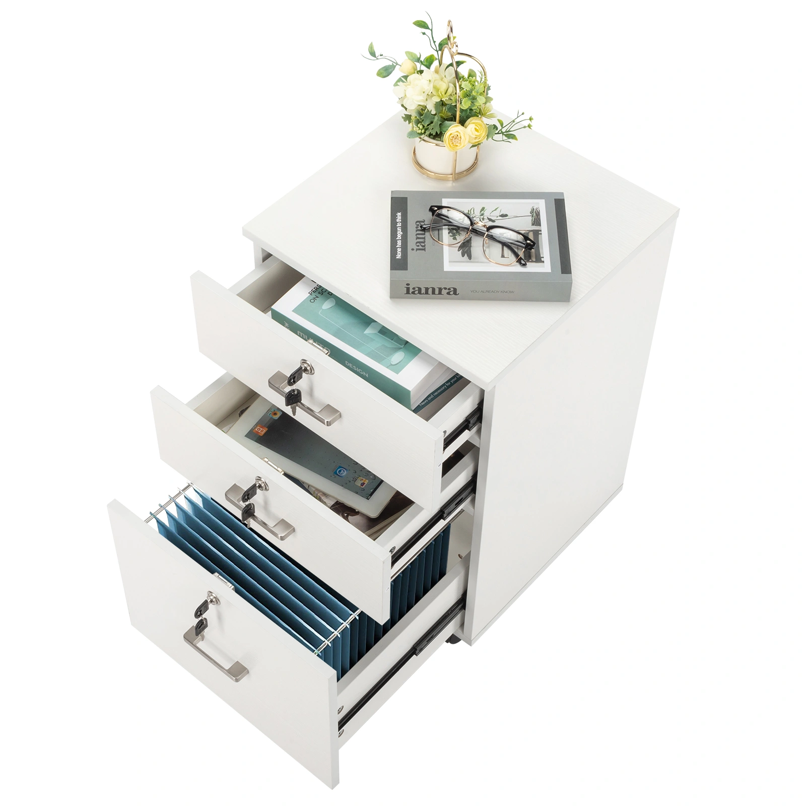 White Wood Grain Density Board Three Drawers Wooden Filing Cabinet view 7