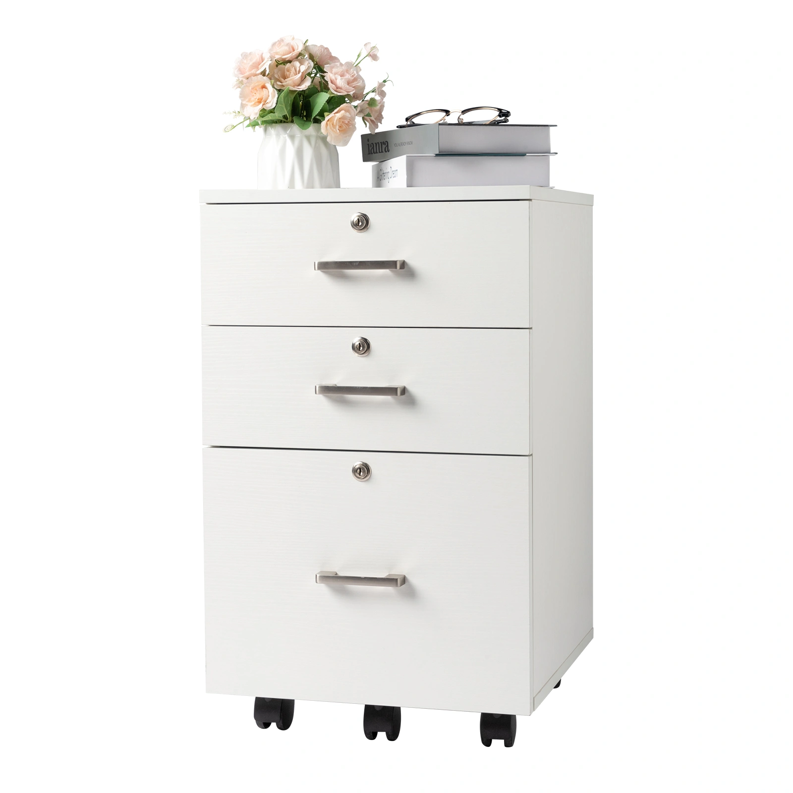 White Wood Grain Density Board Three Drawers Wooden Filing Cabinet view 9