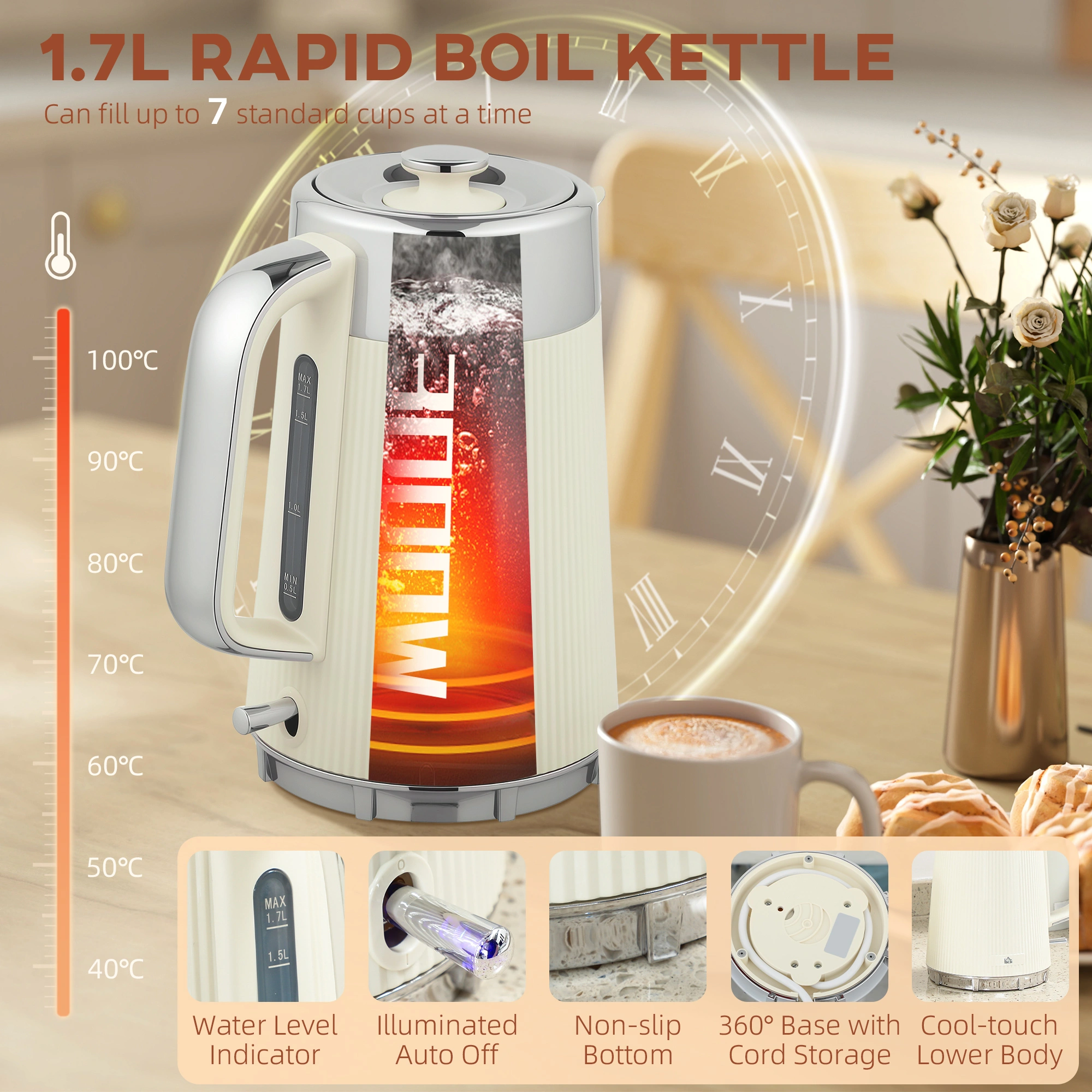 Electric Kettle and Toaster Set, 1.7L Stainless Steel Tea Kettle with Fast Boil, 2-Slice Toaster, Black Countertop Appliance Bundle view 4