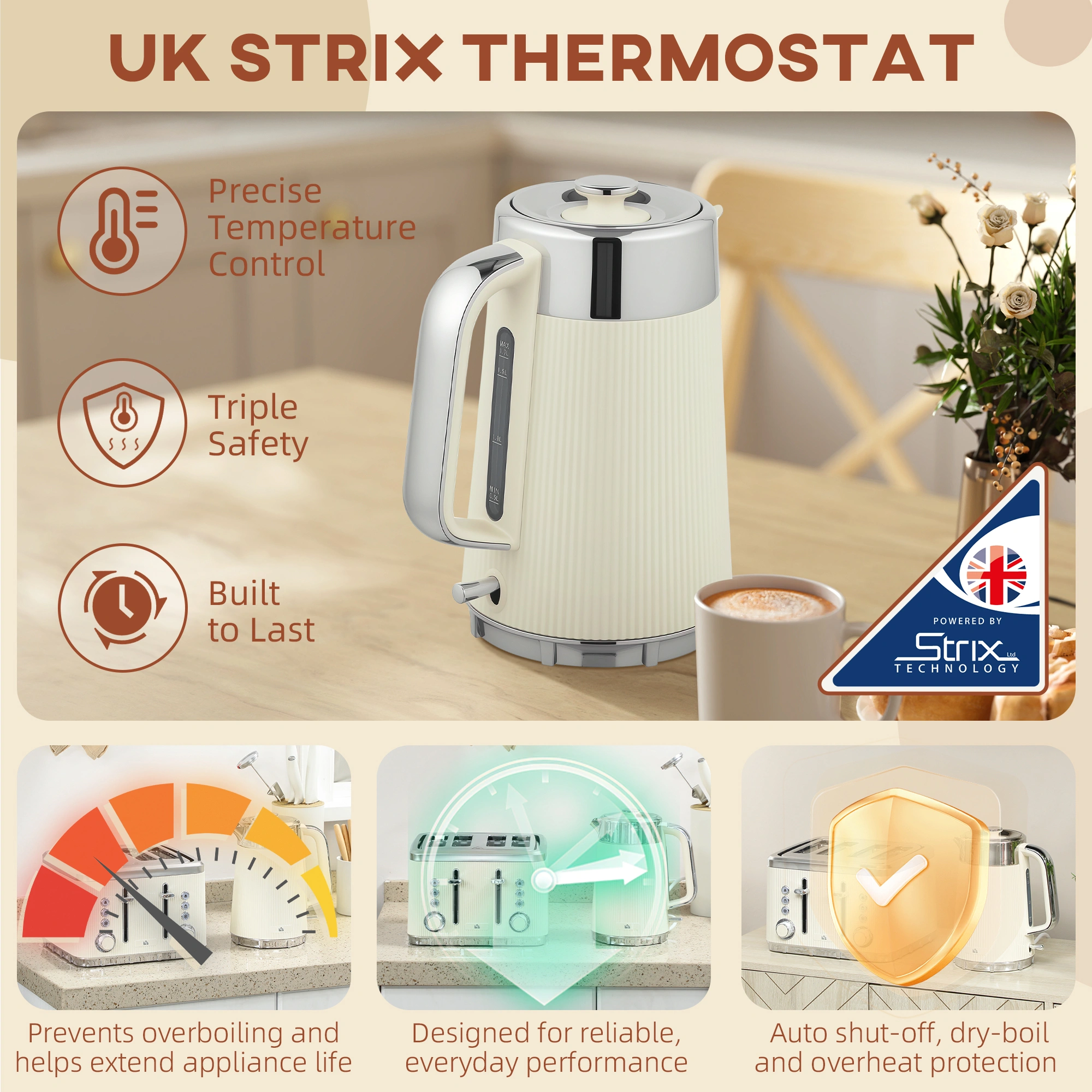 Electric Kettle and Toaster Set, 1.7L Stainless Steel Tea Kettle with Fast Boil, 2-Slice Toaster, Black Countertop Appliance Bundle view 5