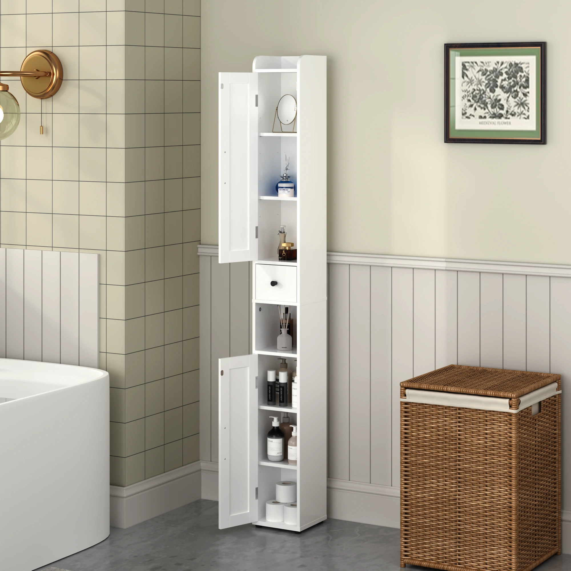 Tall Bathroom Storage Cabinet 67.5", Slim Freestanding 2-Door White Storage Console with Adjustable Shelves, Anti-Tip & Open Compartments for Small Spaces