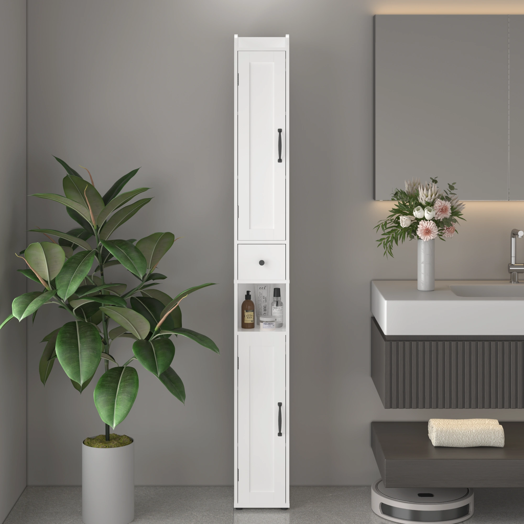 Tall Bathroom Storage Cabinet 67.5", Slim Freestanding 2-Door White Storage Console with Adjustable Shelves, Anti-Tip & Open Compartments for Small Spaces view 13