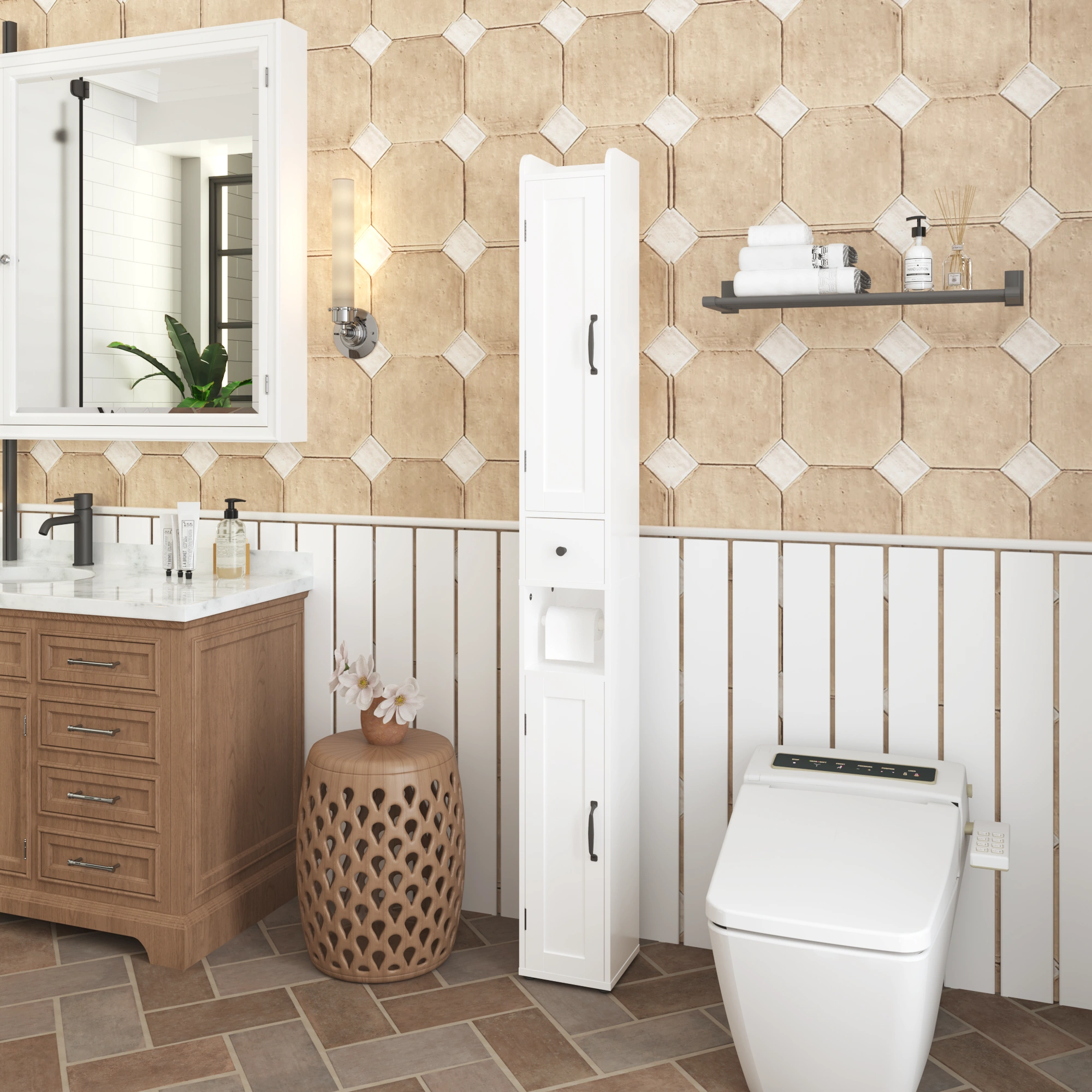 Tall Bathroom Storage Cabinet 67.5", Slim Freestanding 2-Door White Storage Console with Adjustable Shelves, Anti-Tip & Open Compartments for Small Spaces view 16