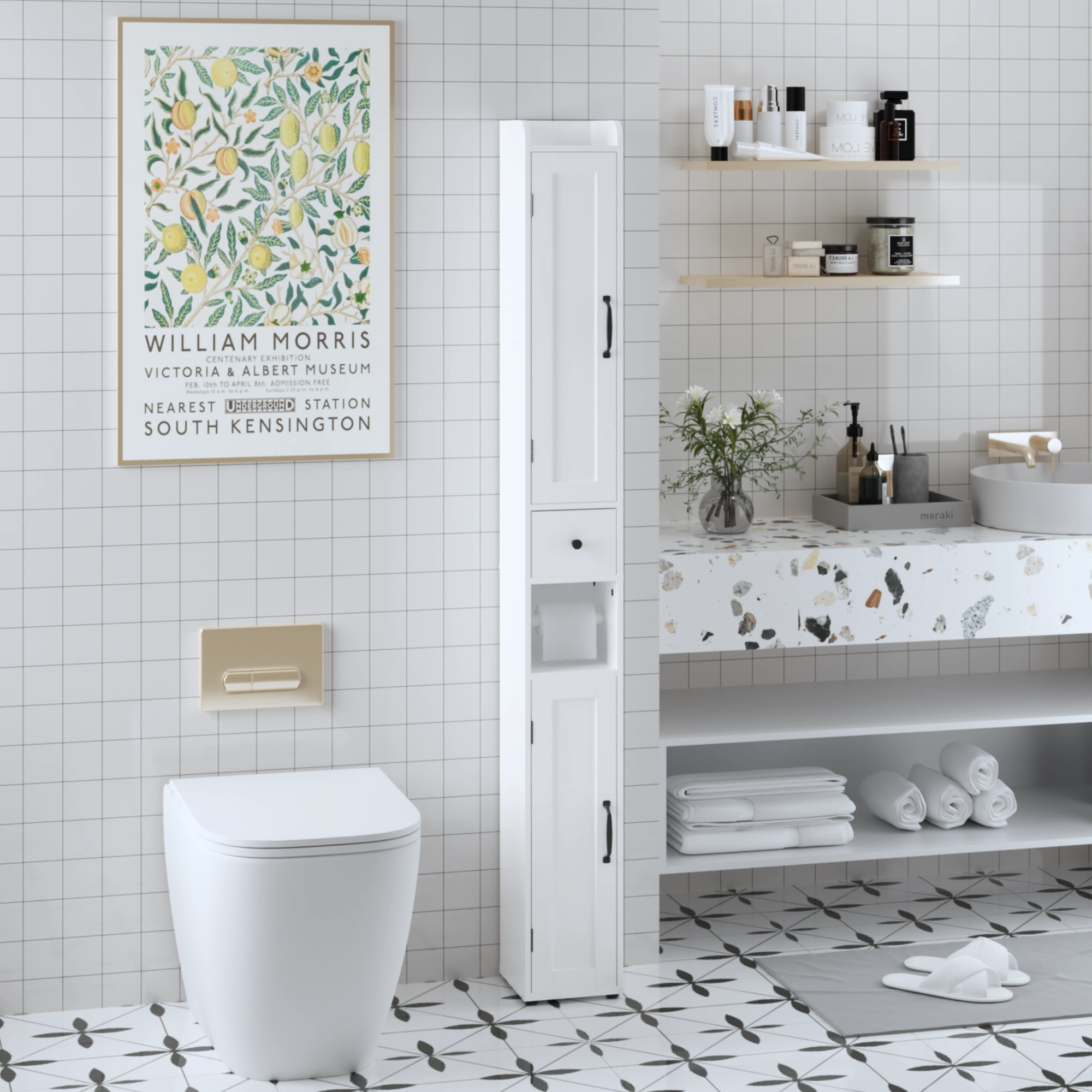 Tall Bathroom Storage Cabinet 67.5", Slim Freestanding 2-Door White Storage Console with Adjustable Shelves, Anti-Tip & Open Compartments for Small Spaces view 3