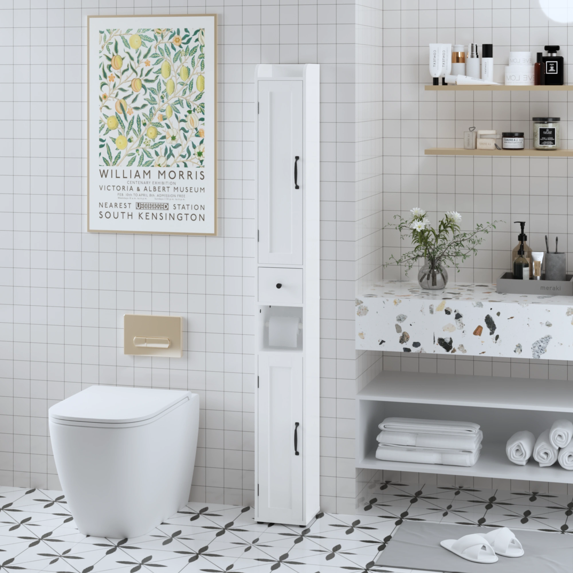Tall Bathroom Storage Cabinet 67.5", Slim Freestanding 2-Door White Storage Console with Adjustable Shelves, Anti-Tip & Open Compartments for Small Spaces view 4